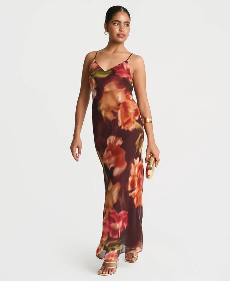 Brown Floral Chiffon Cape Maxi Dress