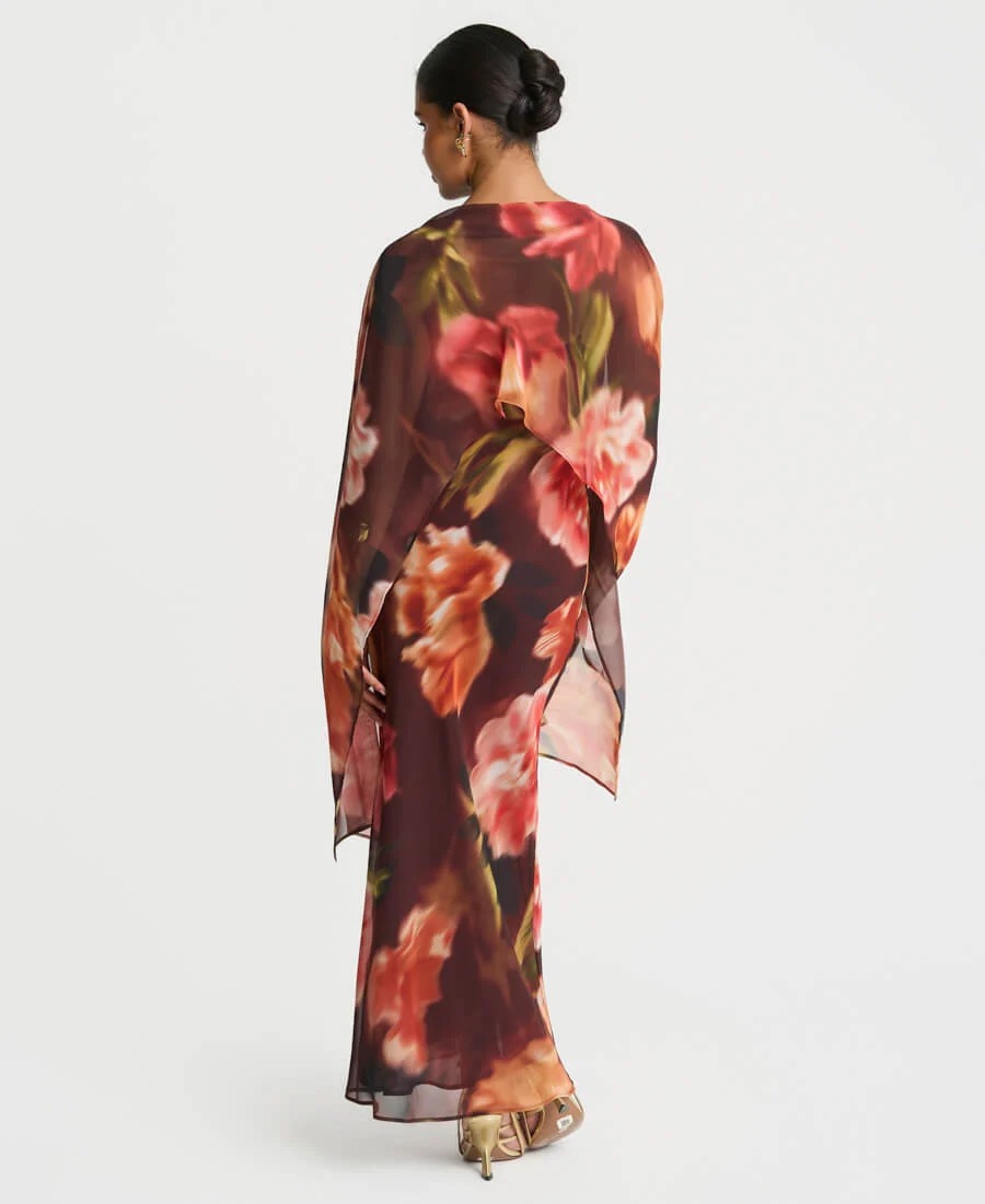 Brown Floral Chiffon Cape Maxi Dress
