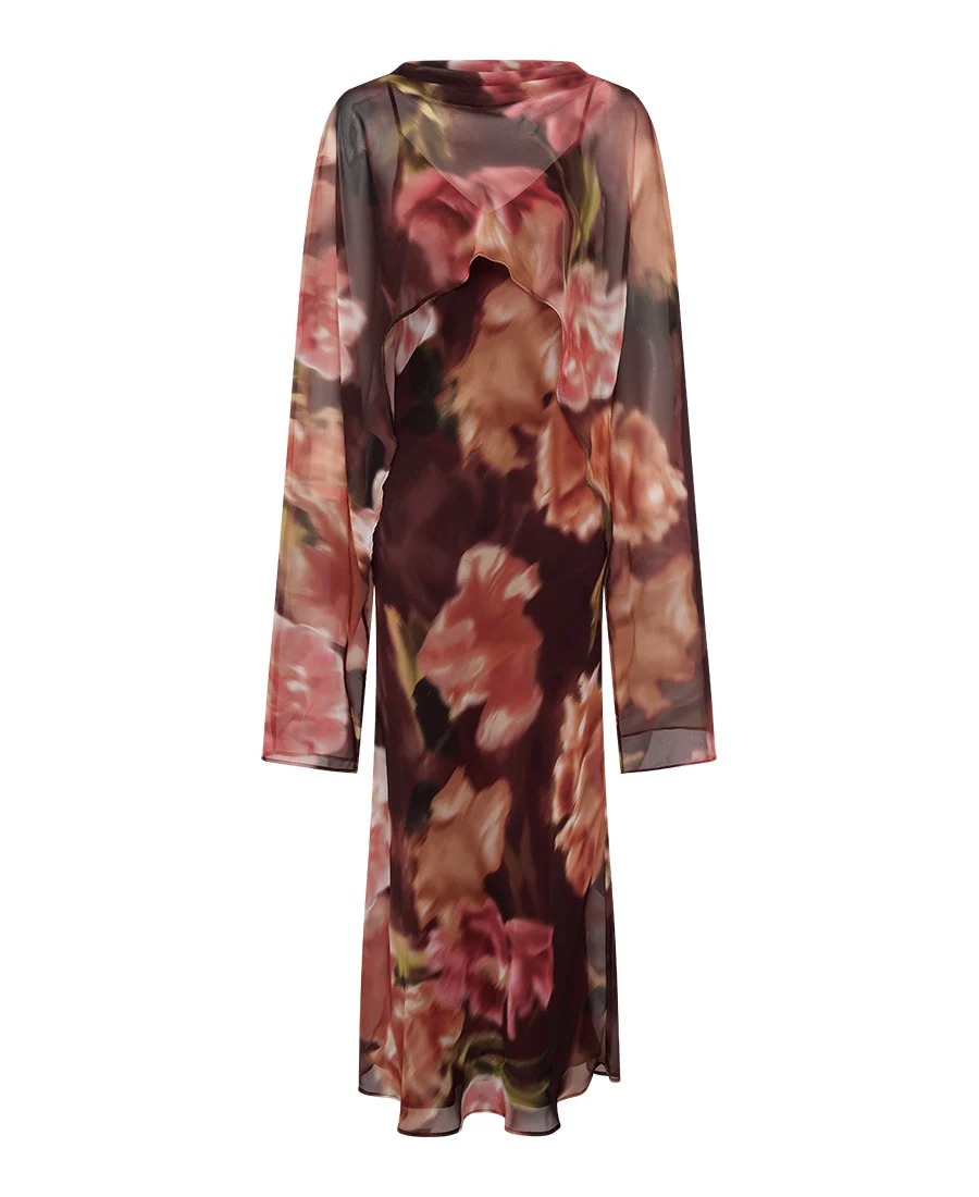 Brown Floral Chiffon Cape Maxi Dress