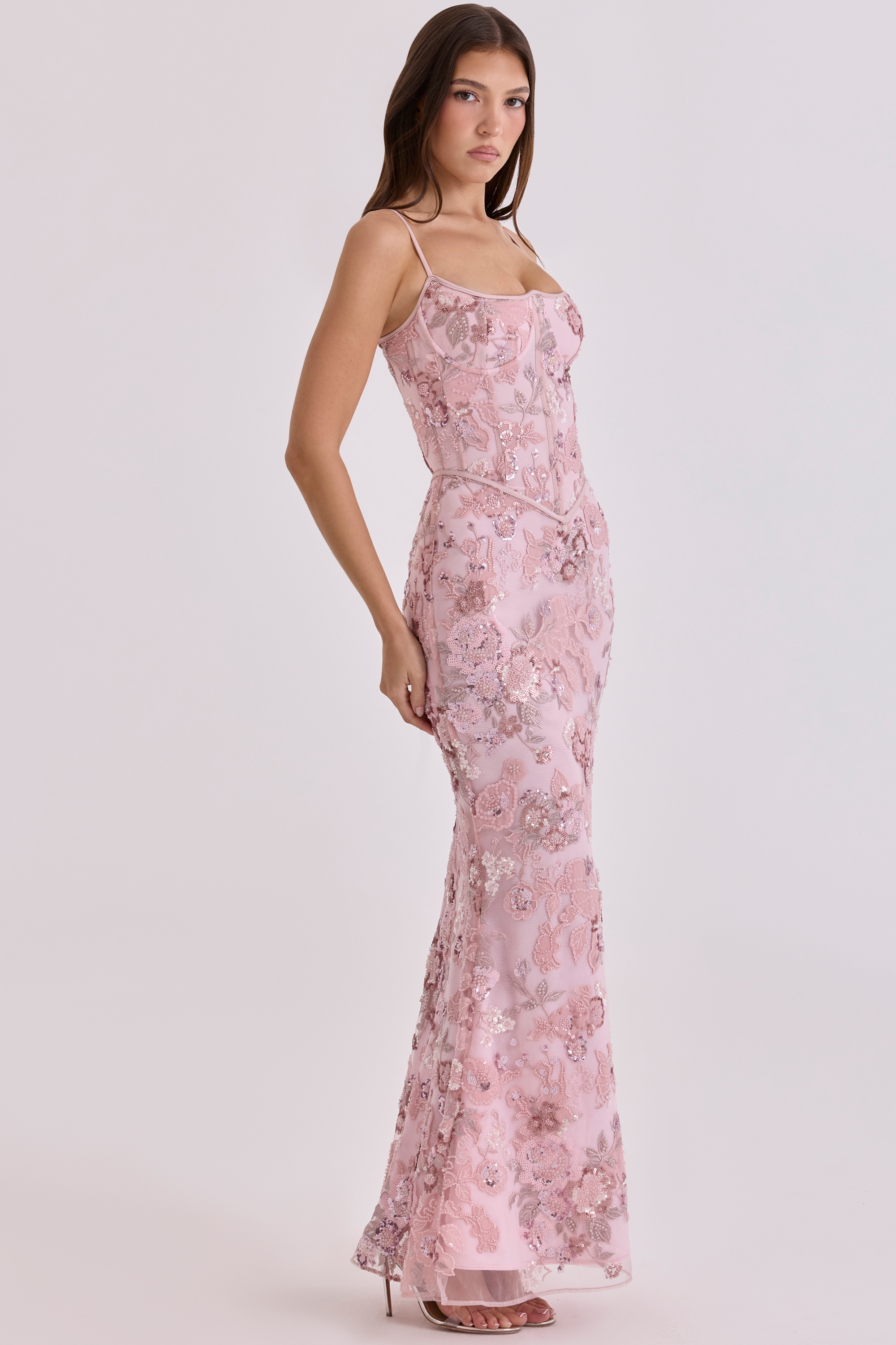 Naima Pink Hand Beaded Embellished Corset Maxi Dress