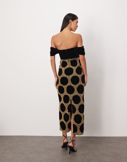 Arrange Draped Bardot Embellished Spot Midi Dress