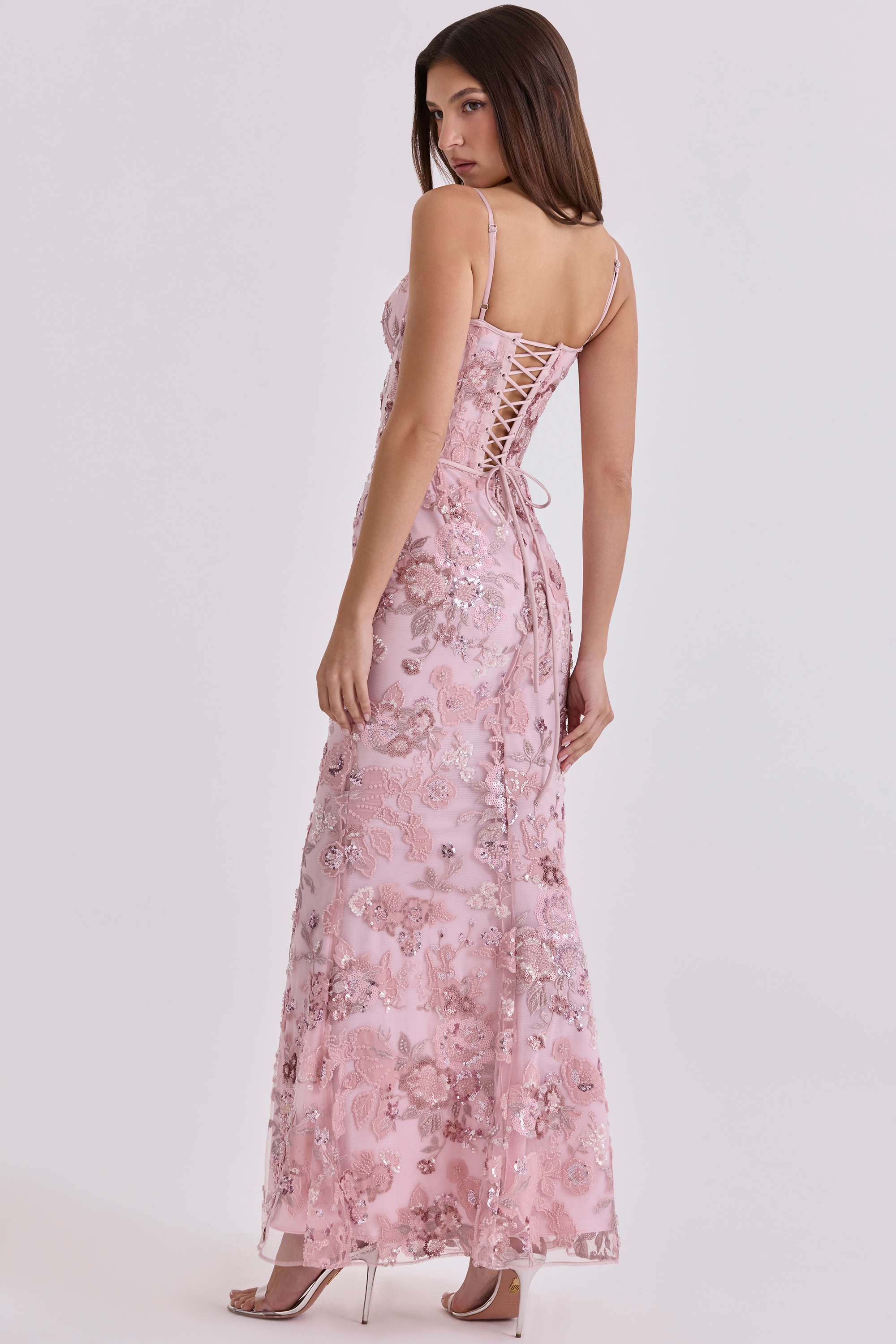 Naima Pink Hand Beaded Embellished Corset Maxi Dress