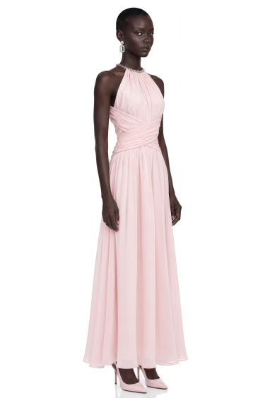 Maristelle Pink Ruched Halterneck Maxi Dress