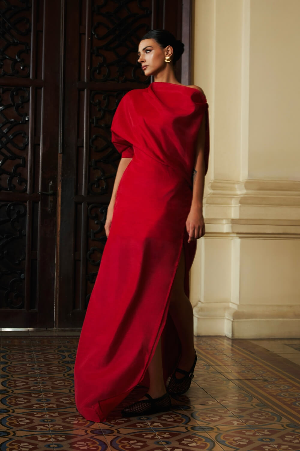 Anh Kim Asymmetric Front Slit Silk Organza Floor Length Dress