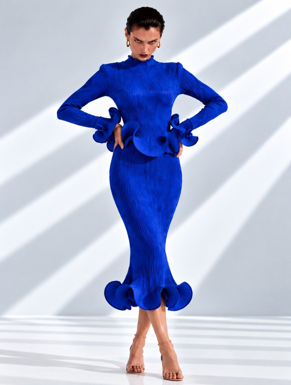 Flared Skirt with Ruffled Hem Long-sleeve Dress