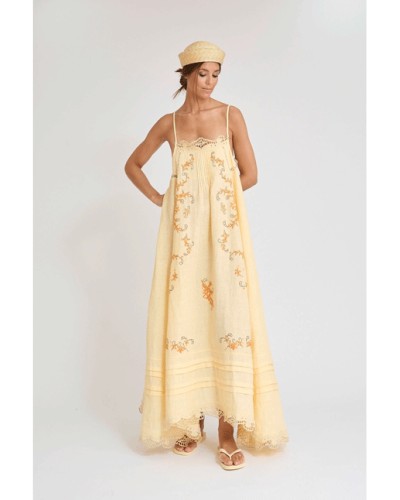 Pale Yellow Linen Embroidered Cami Maxi Dress