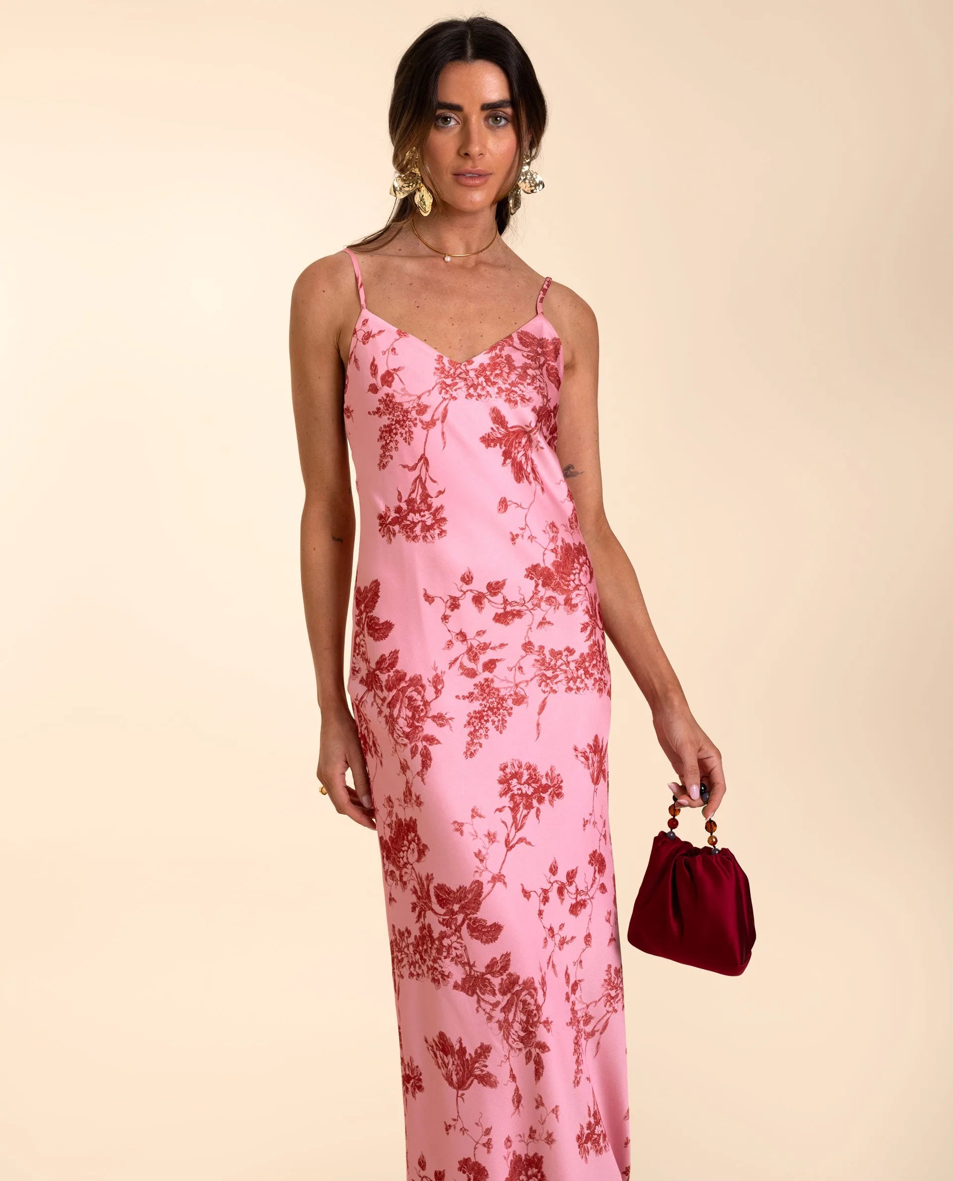 Spaghetti Strap Floral Satin Maxi Dress