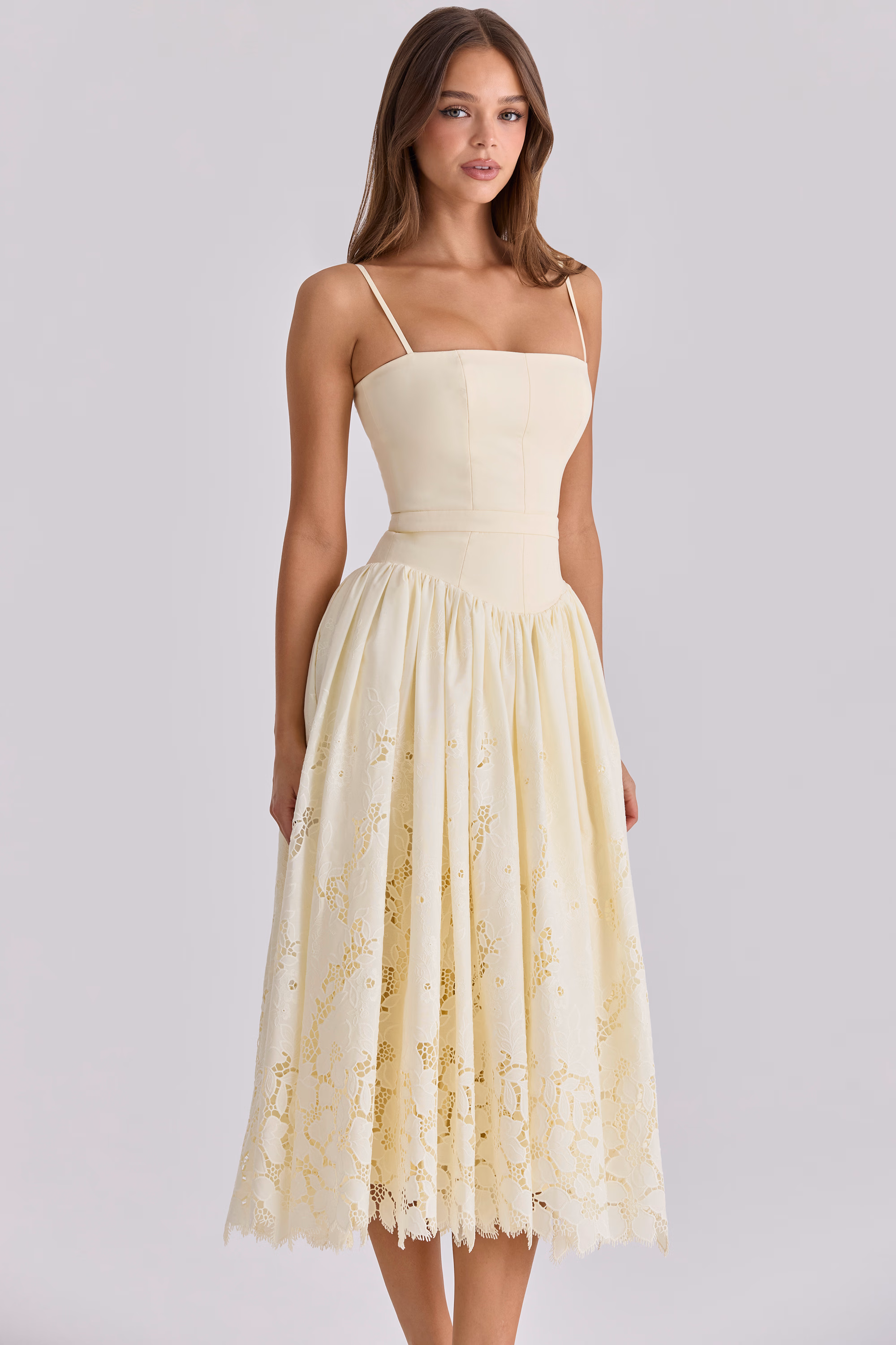 Ysabella Lemon Custom Lace + Broderie Anglaise Midi Sundress