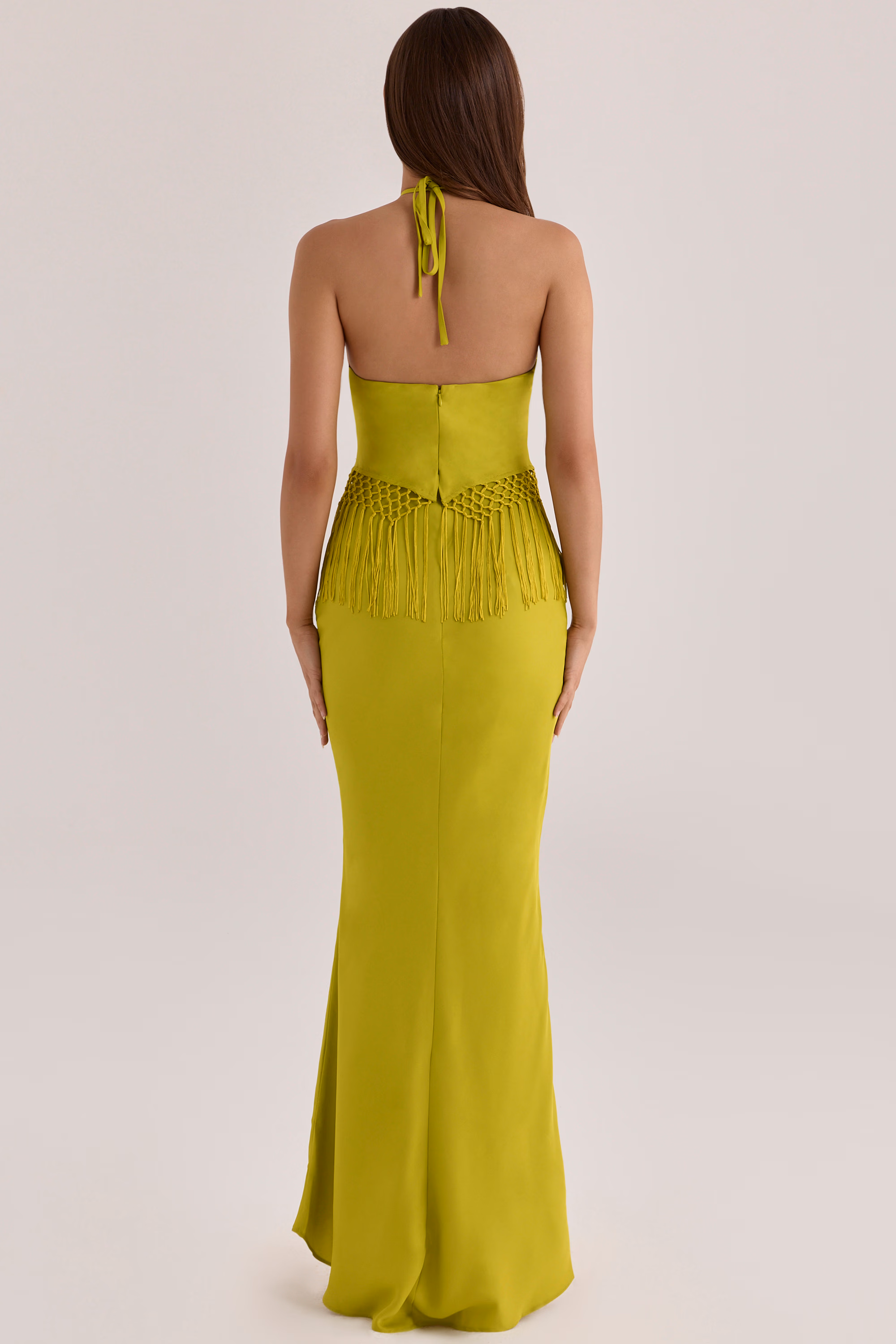 Sareena Chartreuse Satin Custom Embellished Fringed Maxi Dress