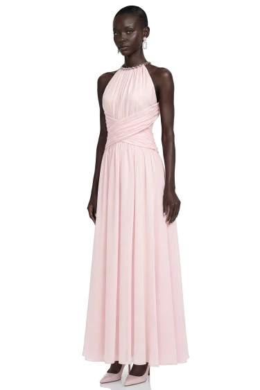 Maristelle Pink Ruched Halterneck Maxi Dress
