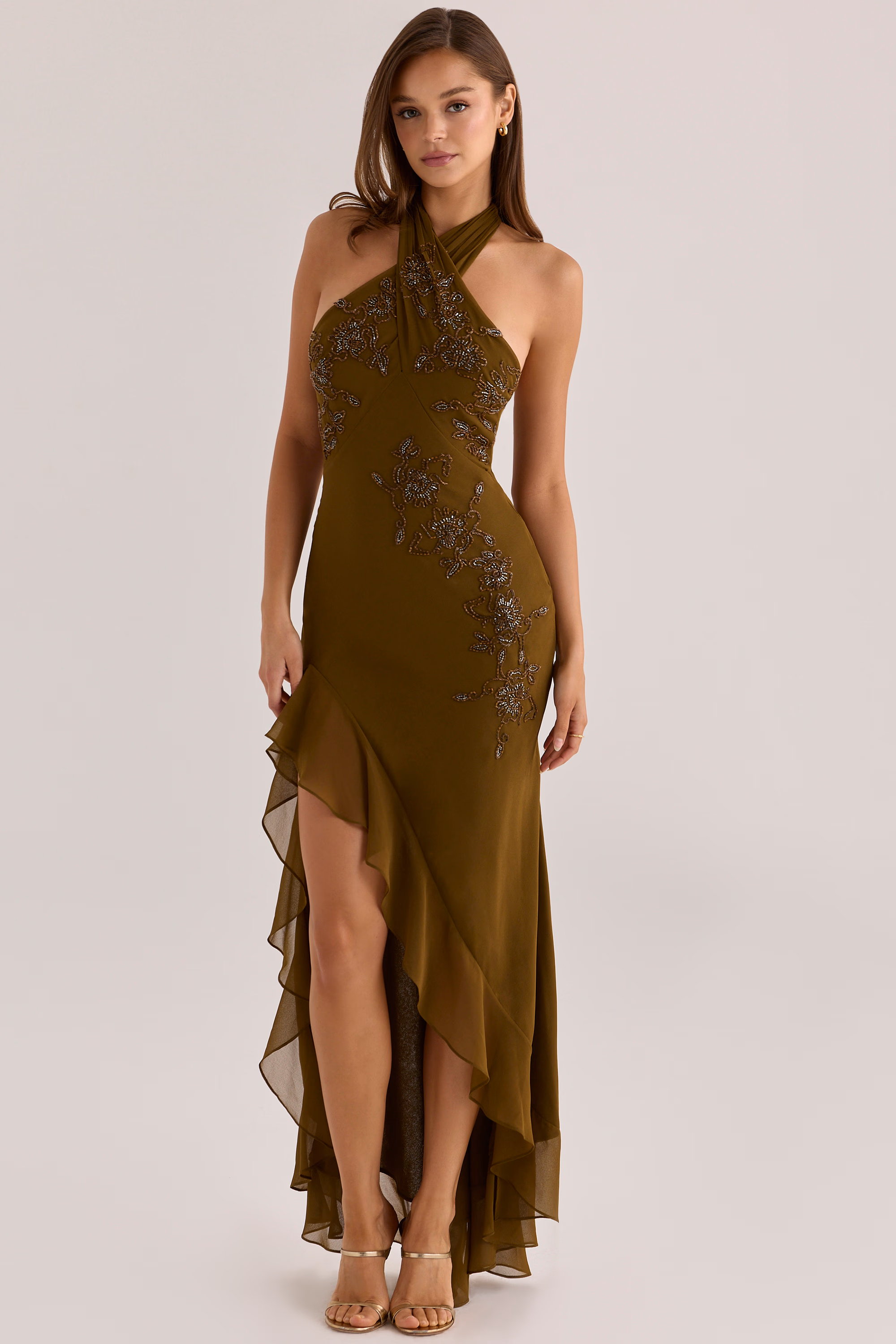 Raquel Bronze Georgette Hand Embellished Beaded Halter Maxi Dress