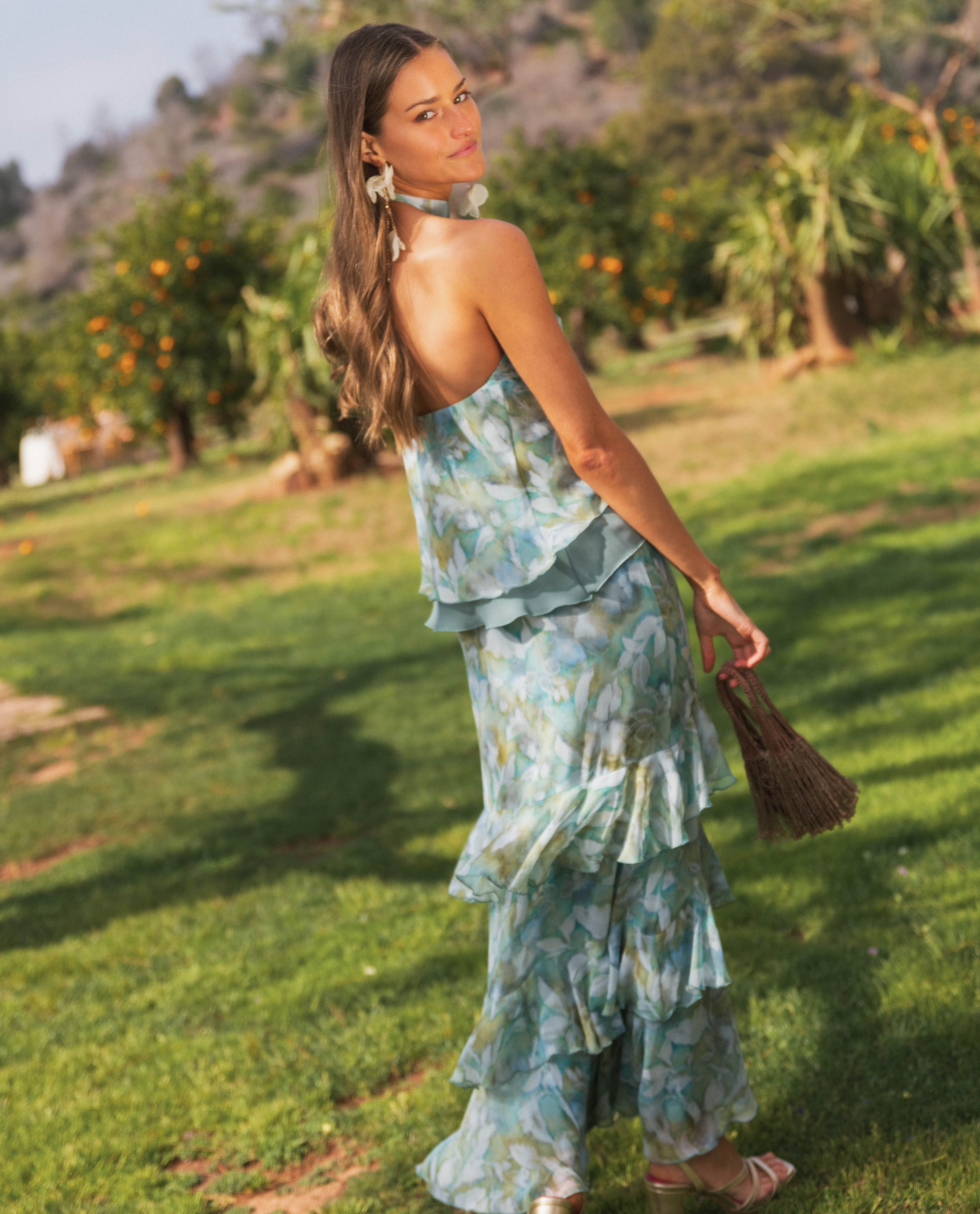 Sleeveless Halter Chiffon Top With Mermaid Ruffle Skirt