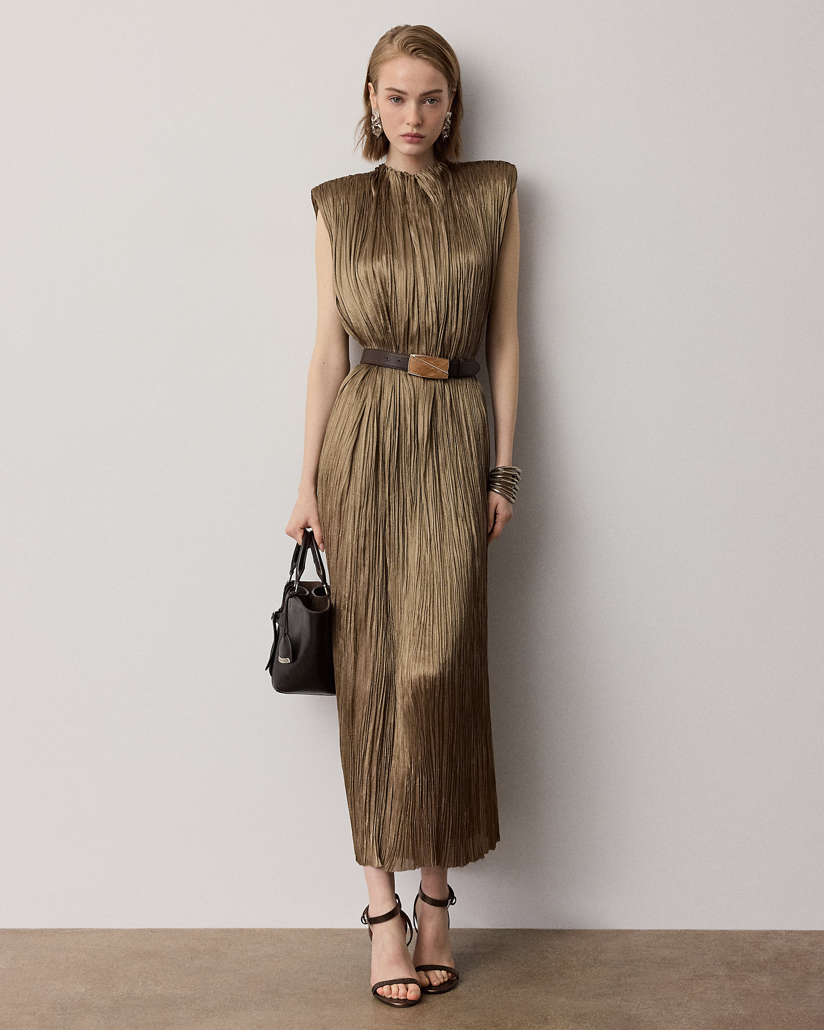 Sleeveless Metallic Pleated Midi Dress With Belt