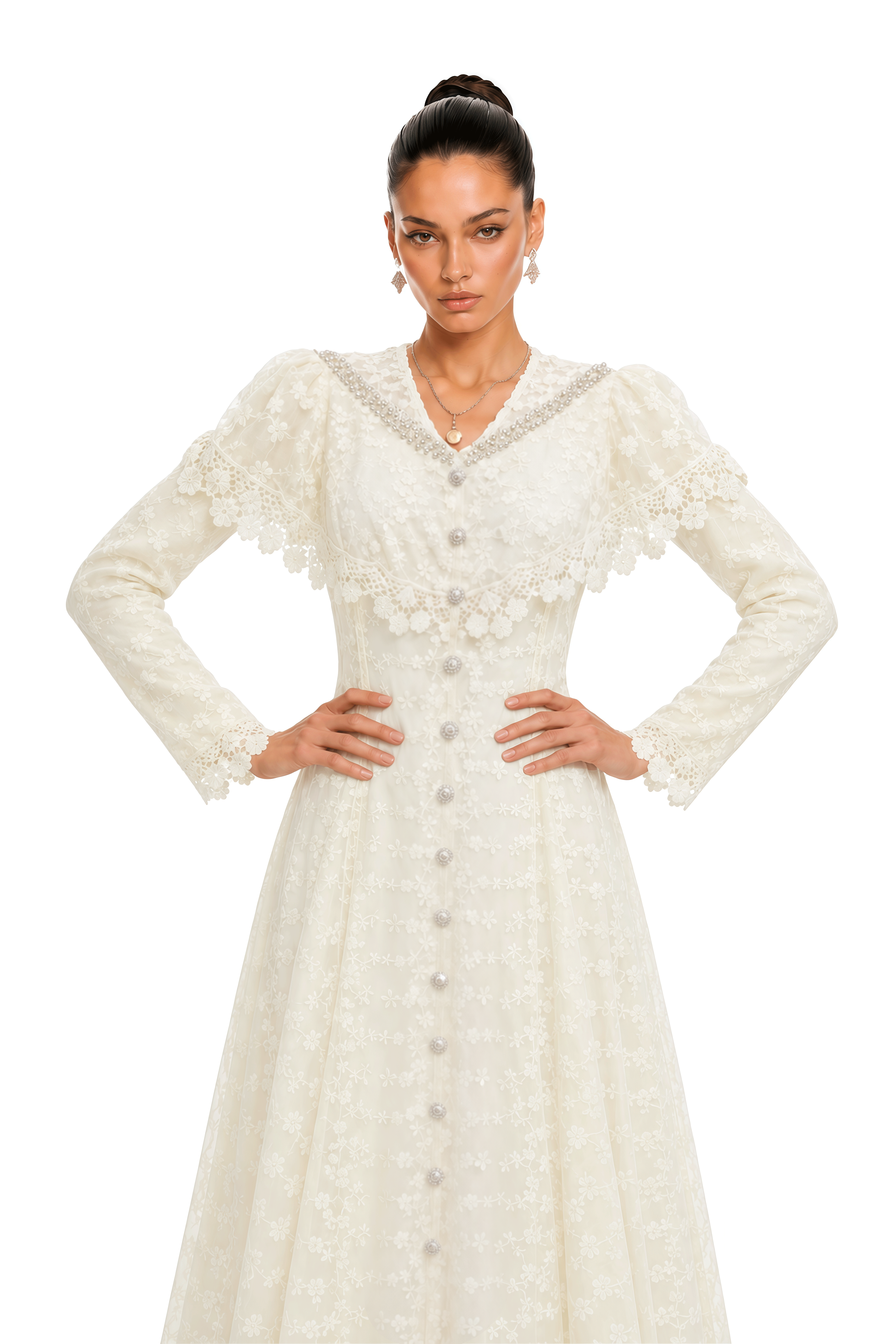 Kira Neutral Lace Button-Front Maxi Dress