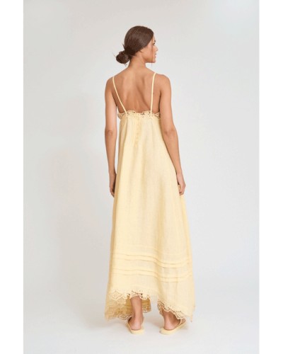 Pale Yellow Linen Embroidered Cami Maxi Dress