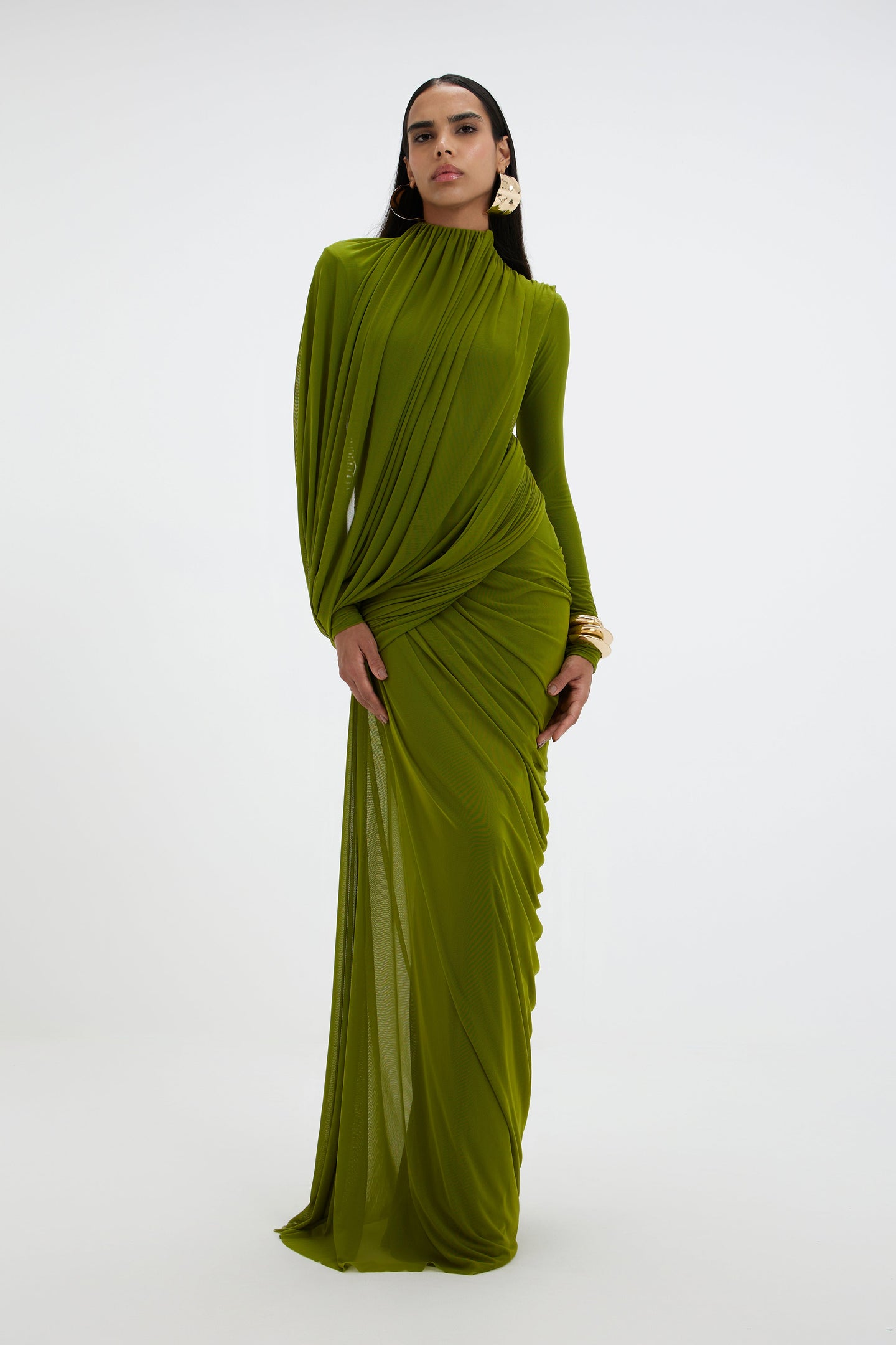 Ruched Draped Long Sleeve Mesh Maxi Dress