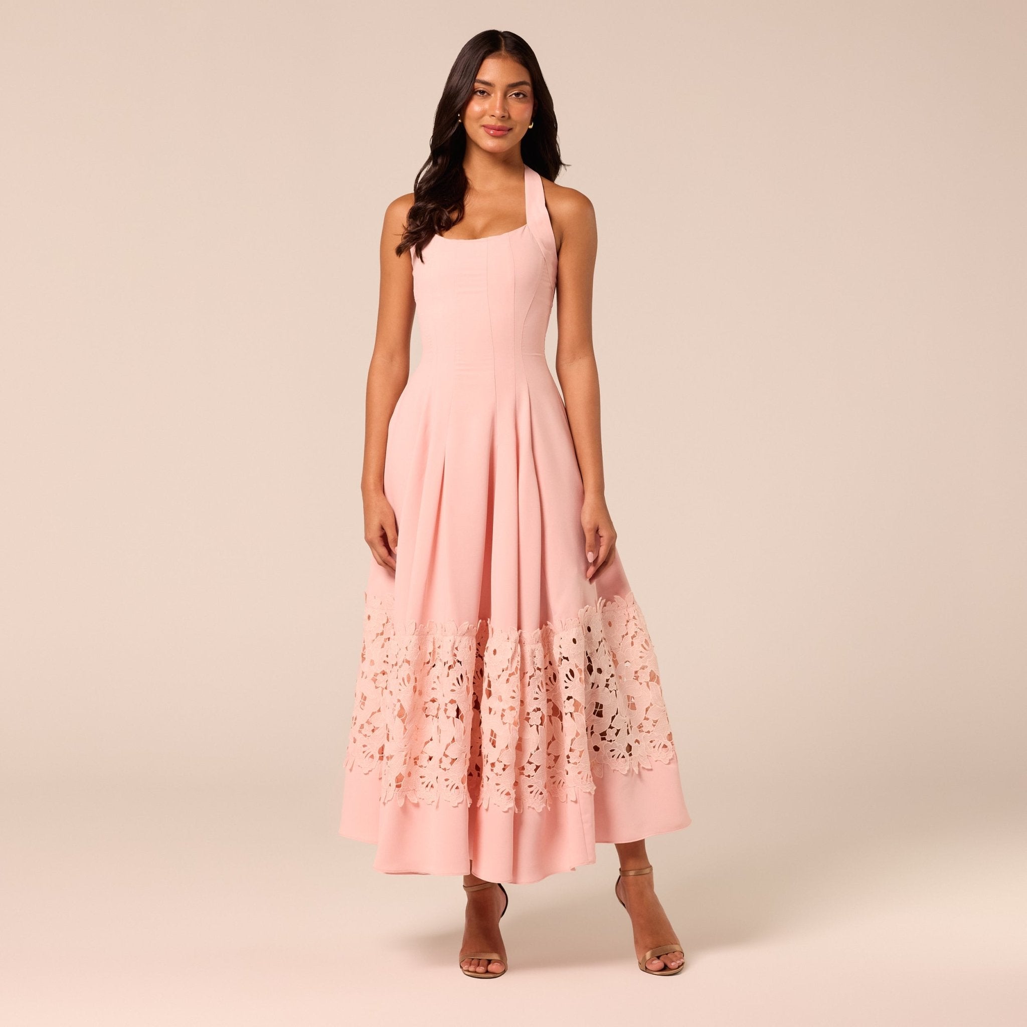 Pink Sleeveless Lace-Paneled Crepe Midi Dress