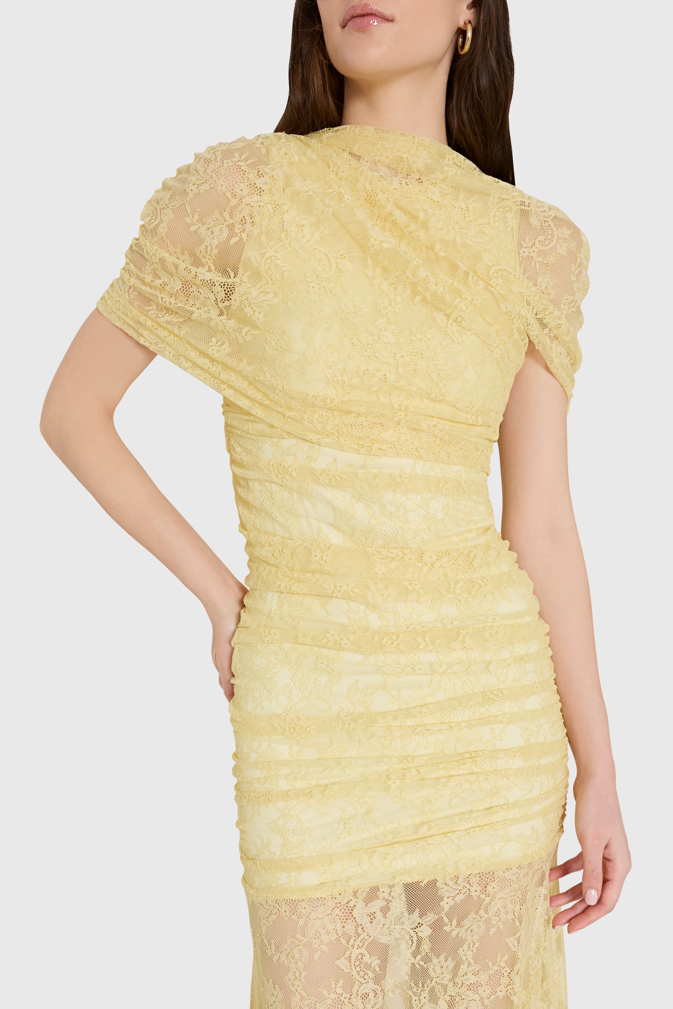 Evianna Pale Yellow Lace Ruched Maxi Dress