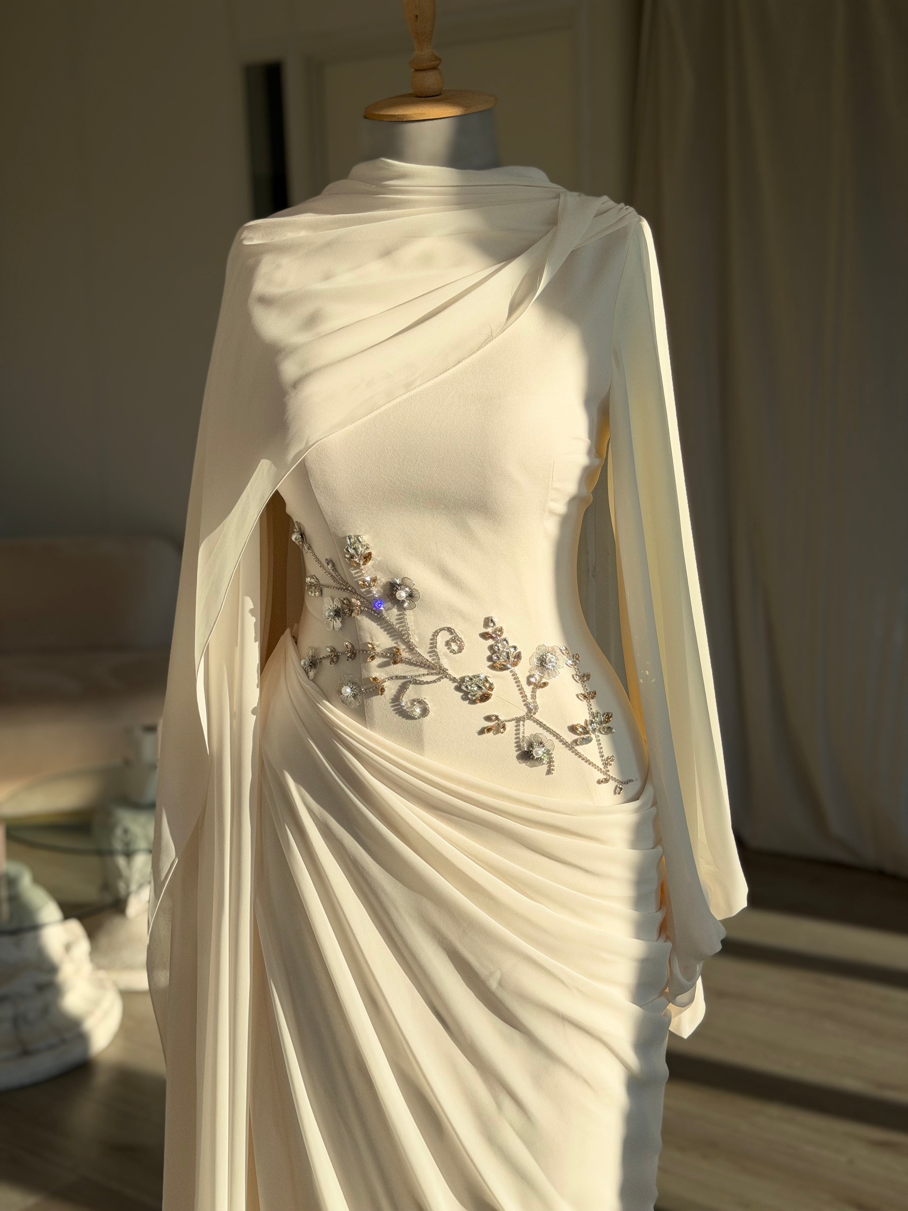 Ivory Floral Beaded Cape Sleeve Gown