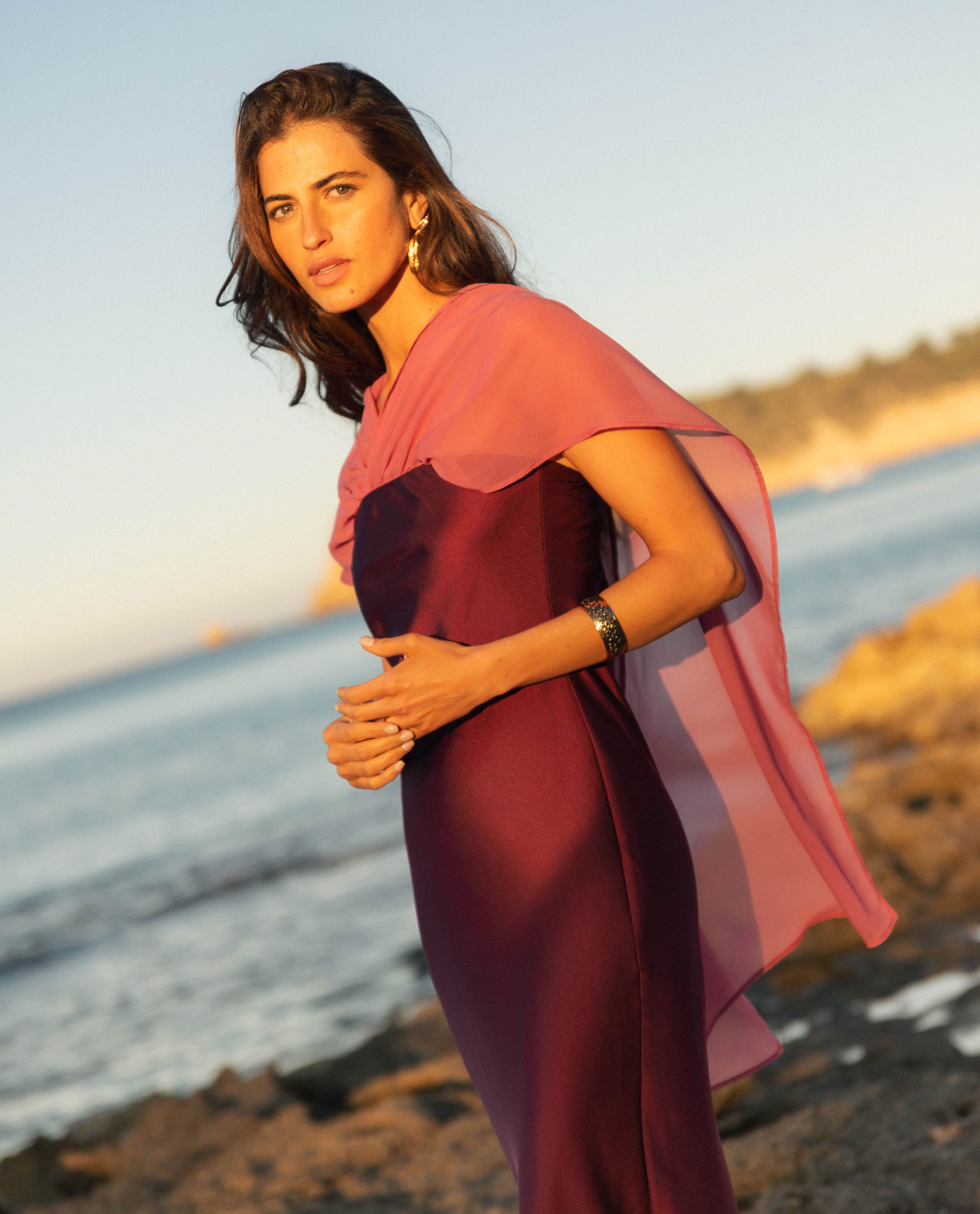 Flowy Chiffon Cape Overlay Gown