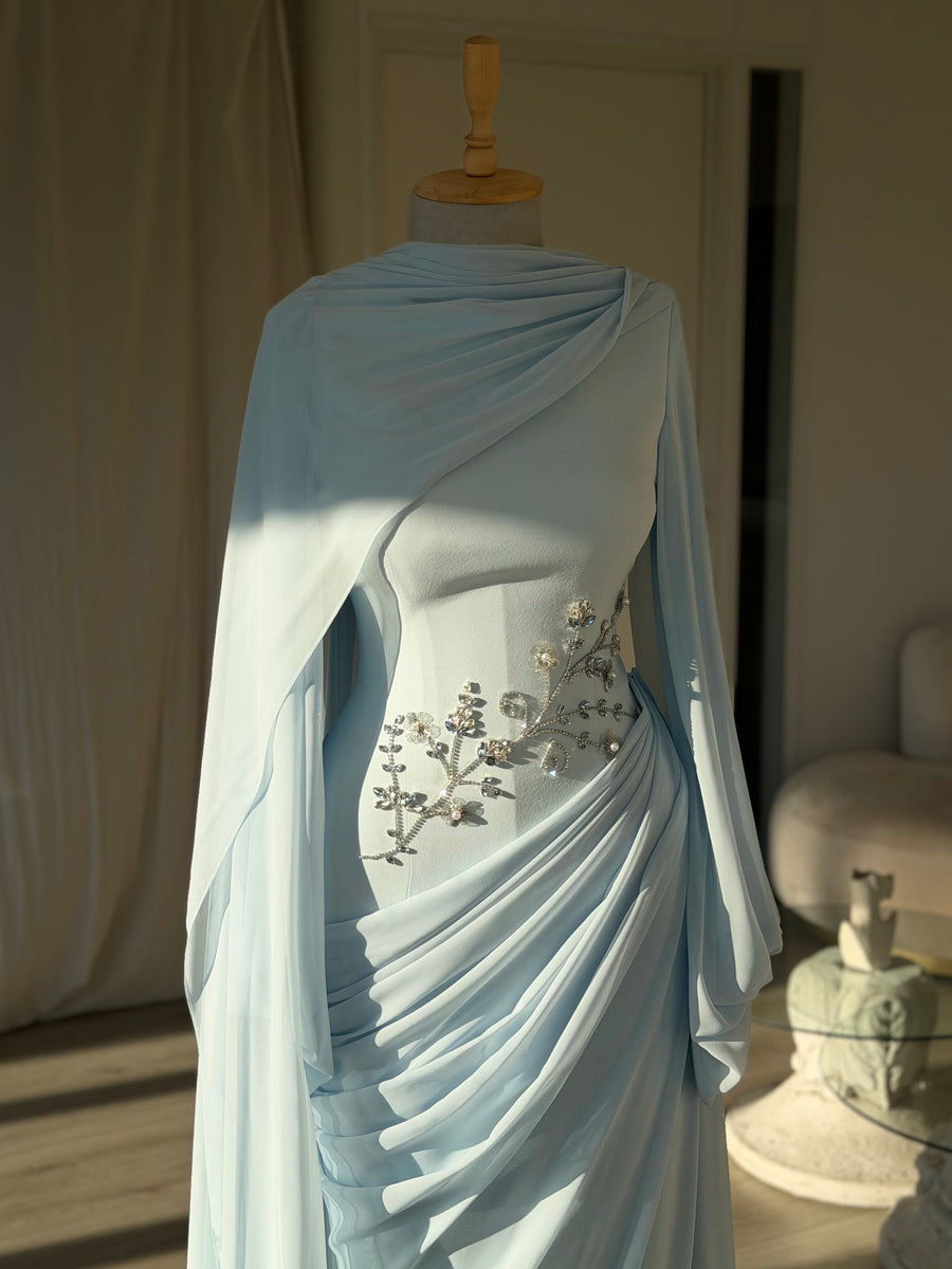 Draped Light Blue Cape Evening Dress