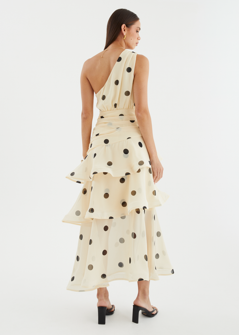 Bailee One Shoulder Midi Dress - Cream Polka