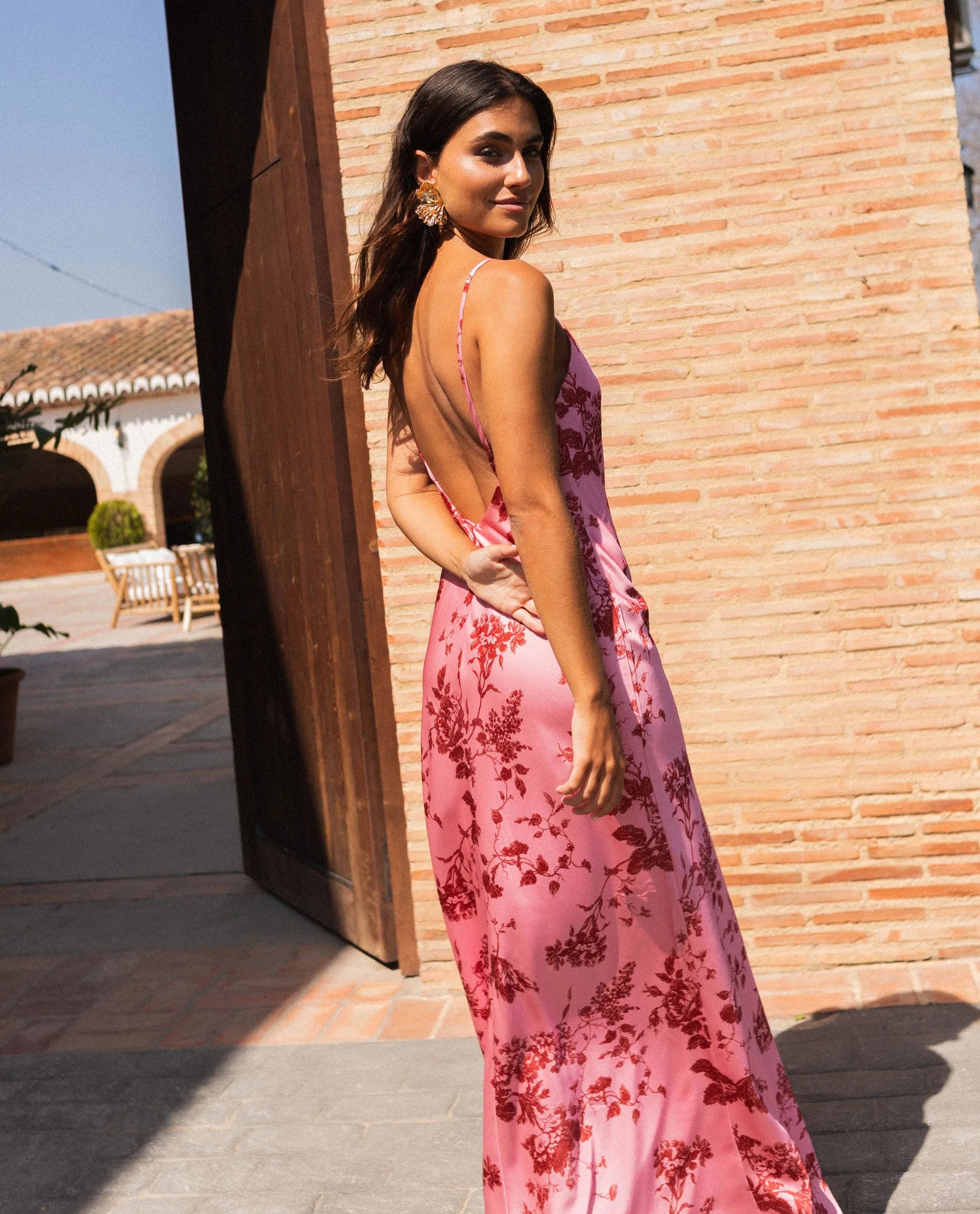 Spaghetti Strap Floral Satin Maxi Dress