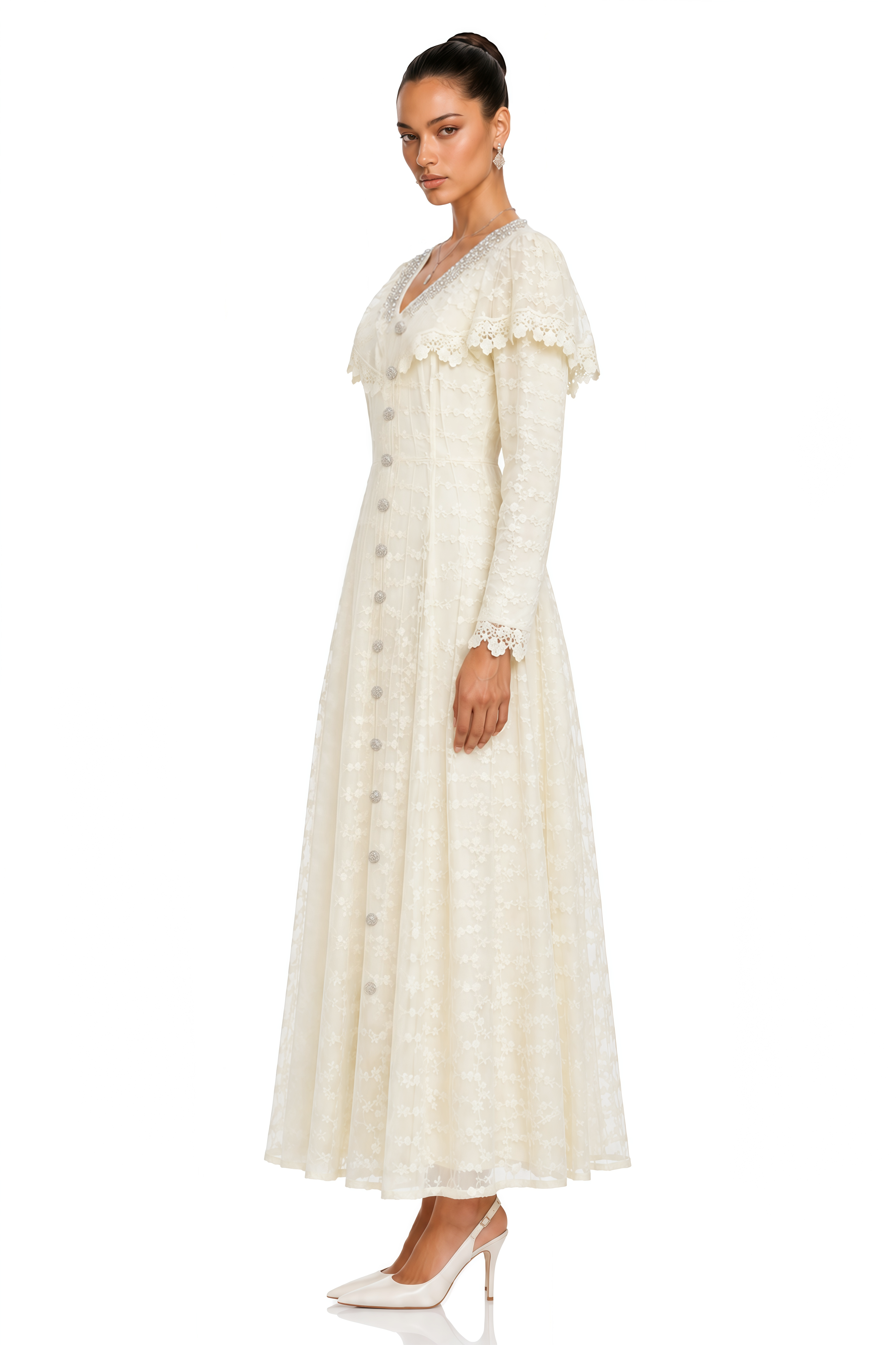 Kira Neutral Lace Button-Front Maxi Dress