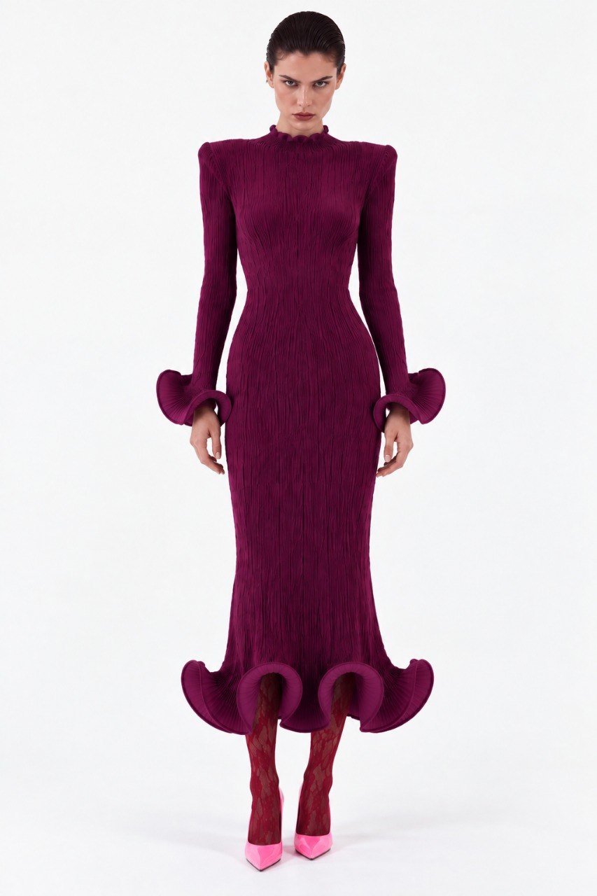 Flared Skirt with Ruffled Hem Long-sleeve Dress