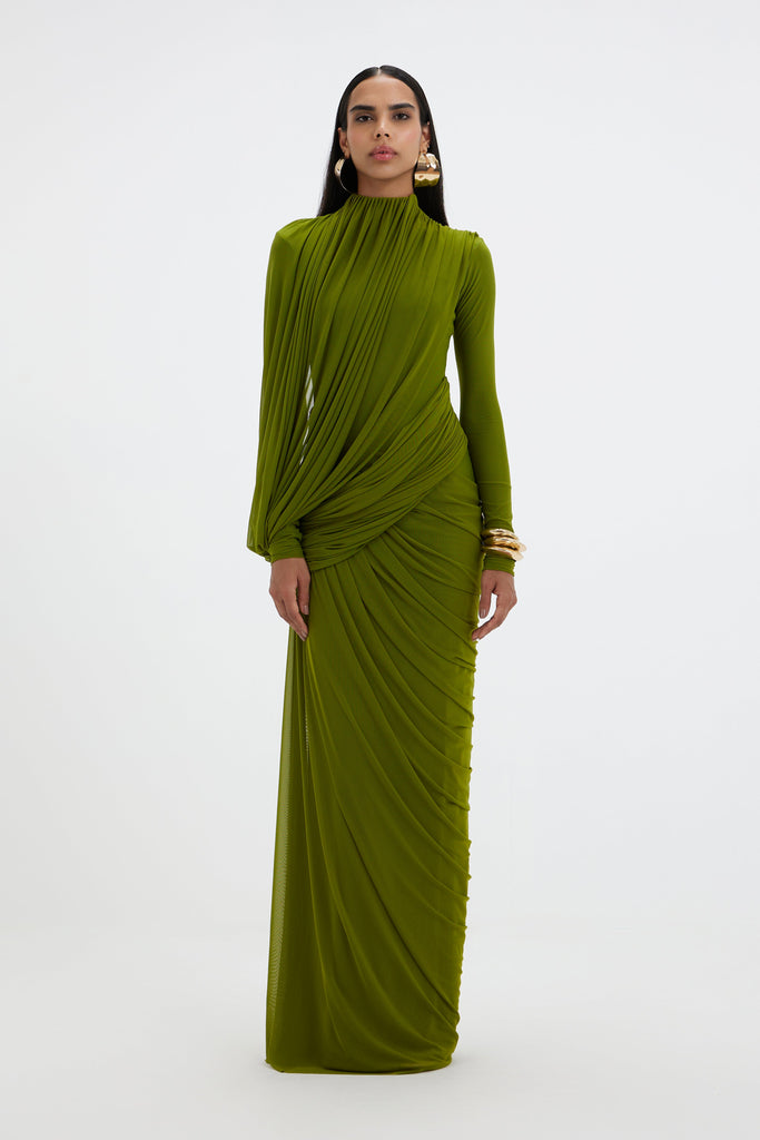Ruched Draped Long Sleeve Mesh Maxi Dress