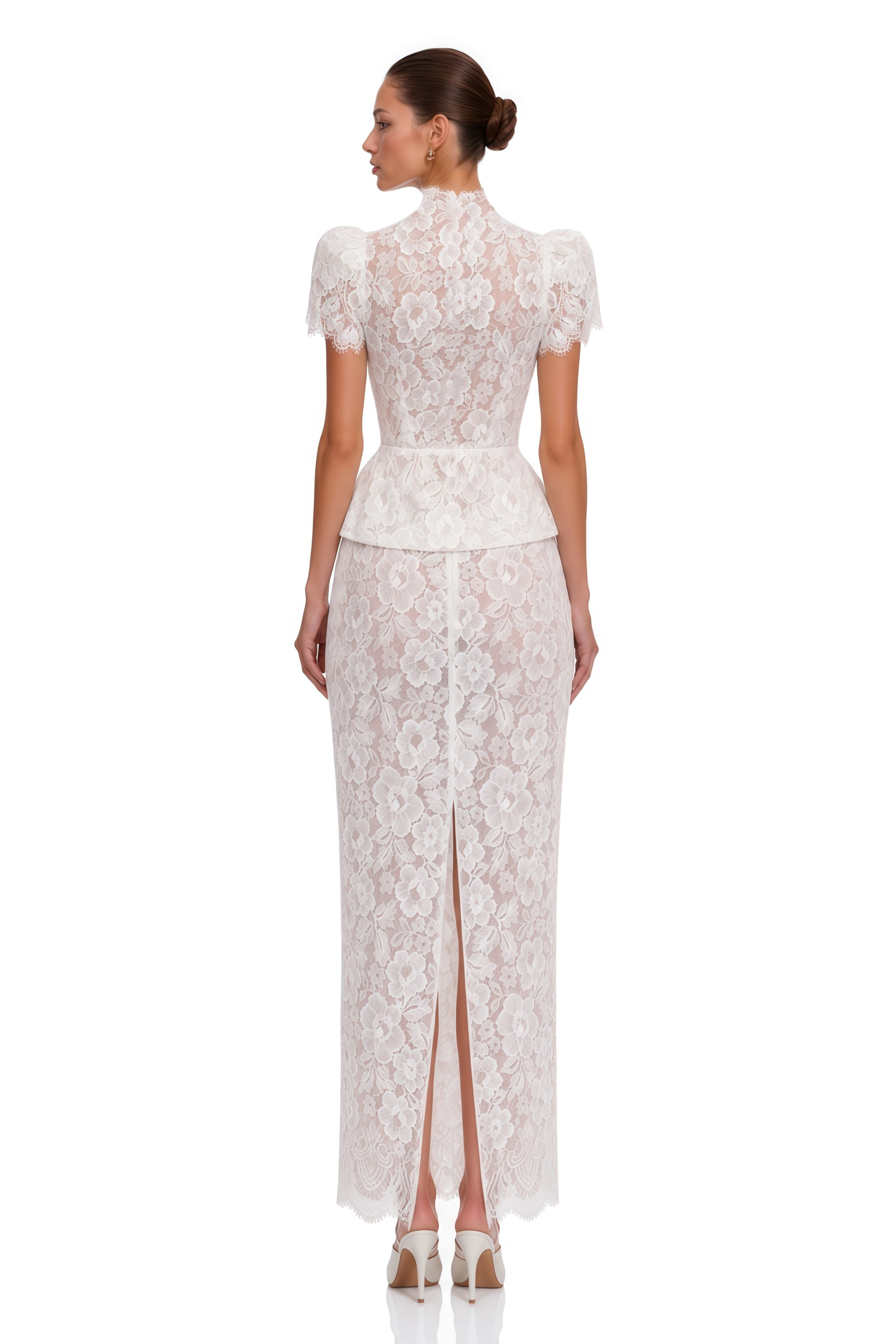 Delilah White Lace High Neck Peplum Blouse &Skirt Set