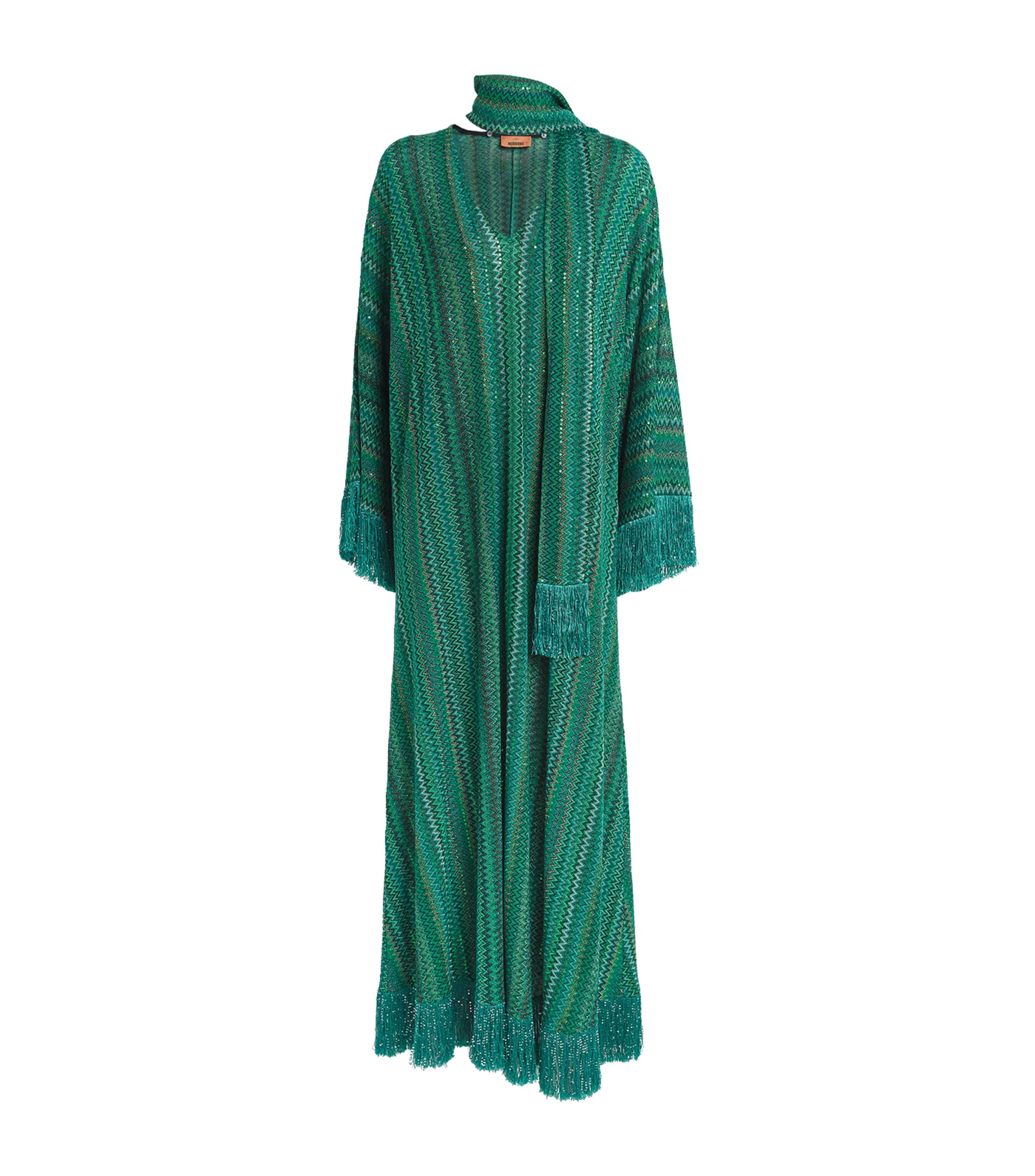 Green Zigzag Fringe Kaftan Maxi Dress