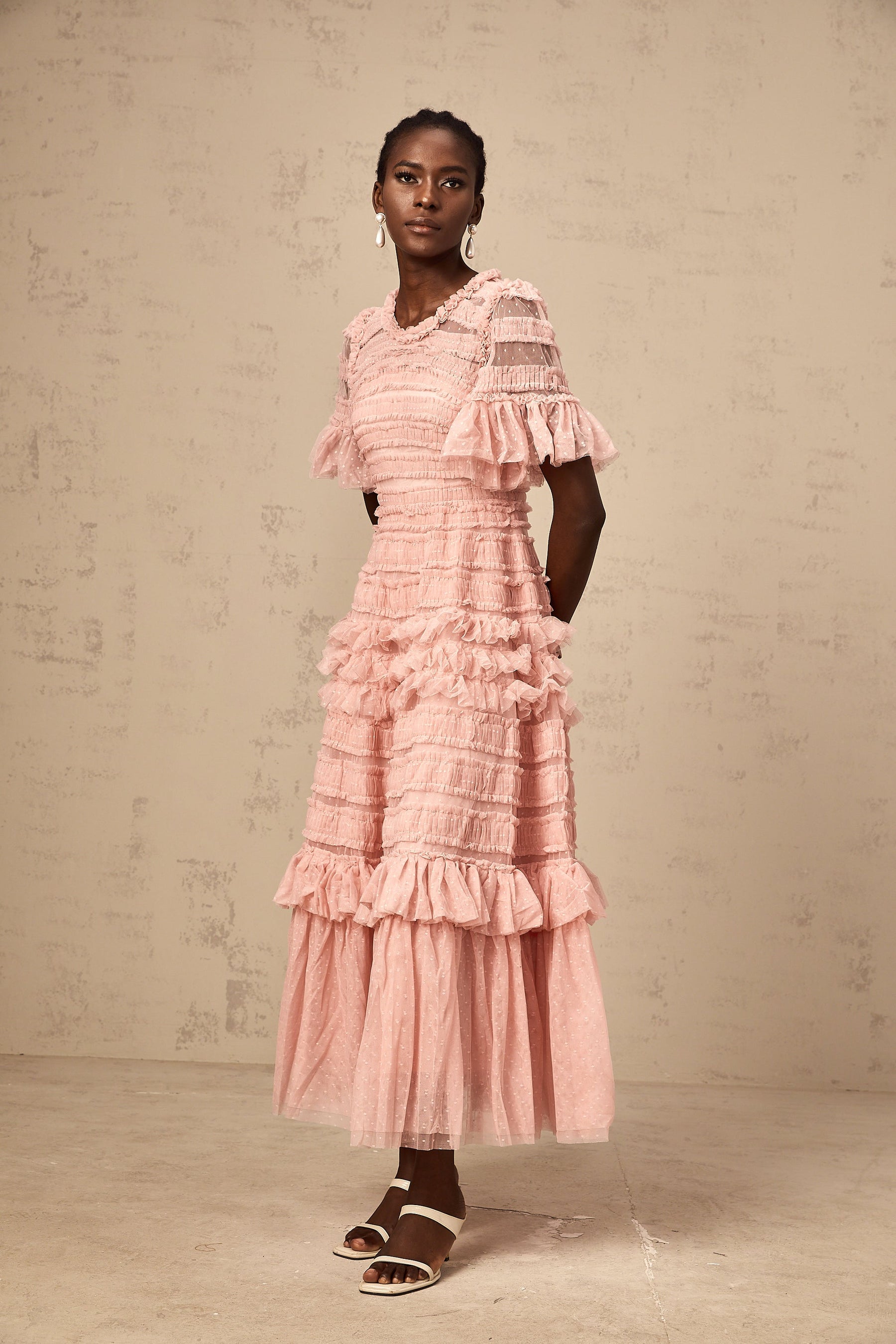 Aimée pink dot-detail ruffled tulle midi dress - S / Pink