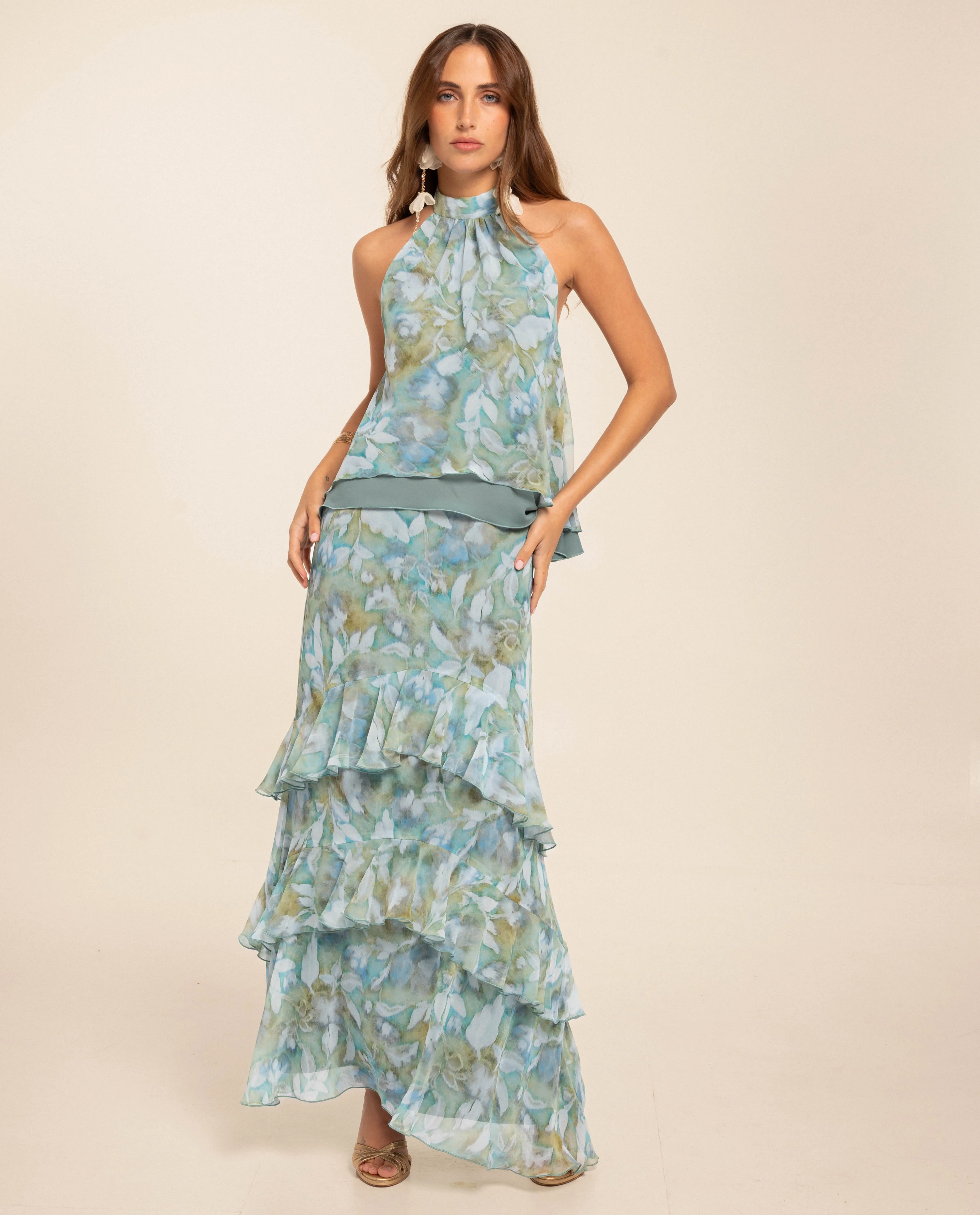 Sleeveless Halter Chiffon Top With Mermaid Ruffle Skirt