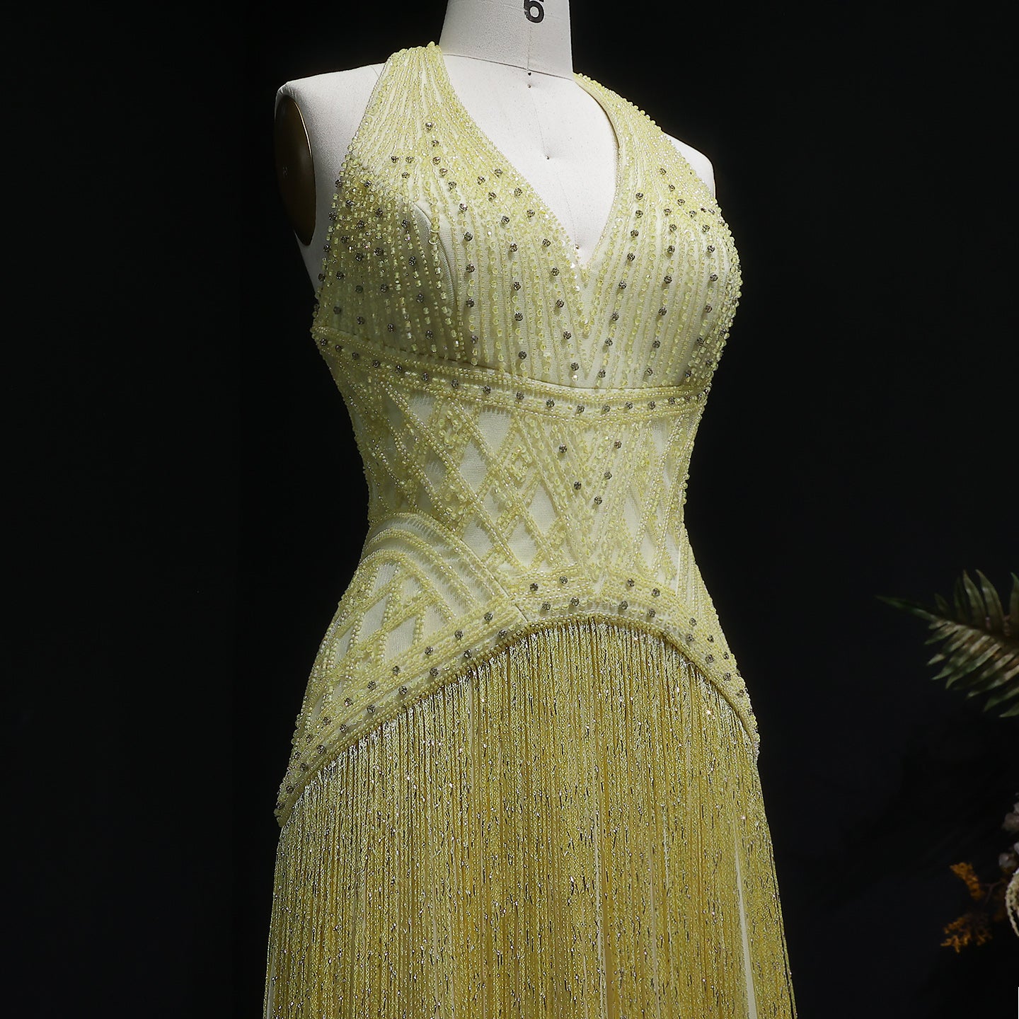 Gala Exquisite Yellow Beaded Halter Neck Deep V Evening Dress SS554