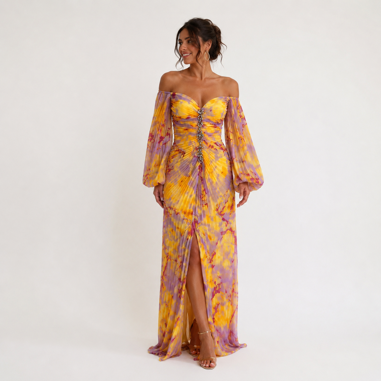Sunset Marble Print Off Shoulder Maxi Dress