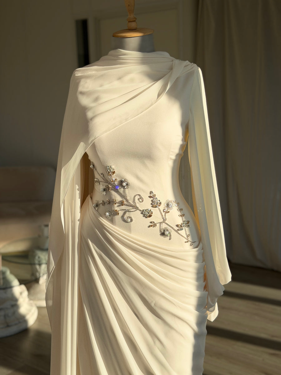 Ivory Floral Beaded Cape Sleeve Gown