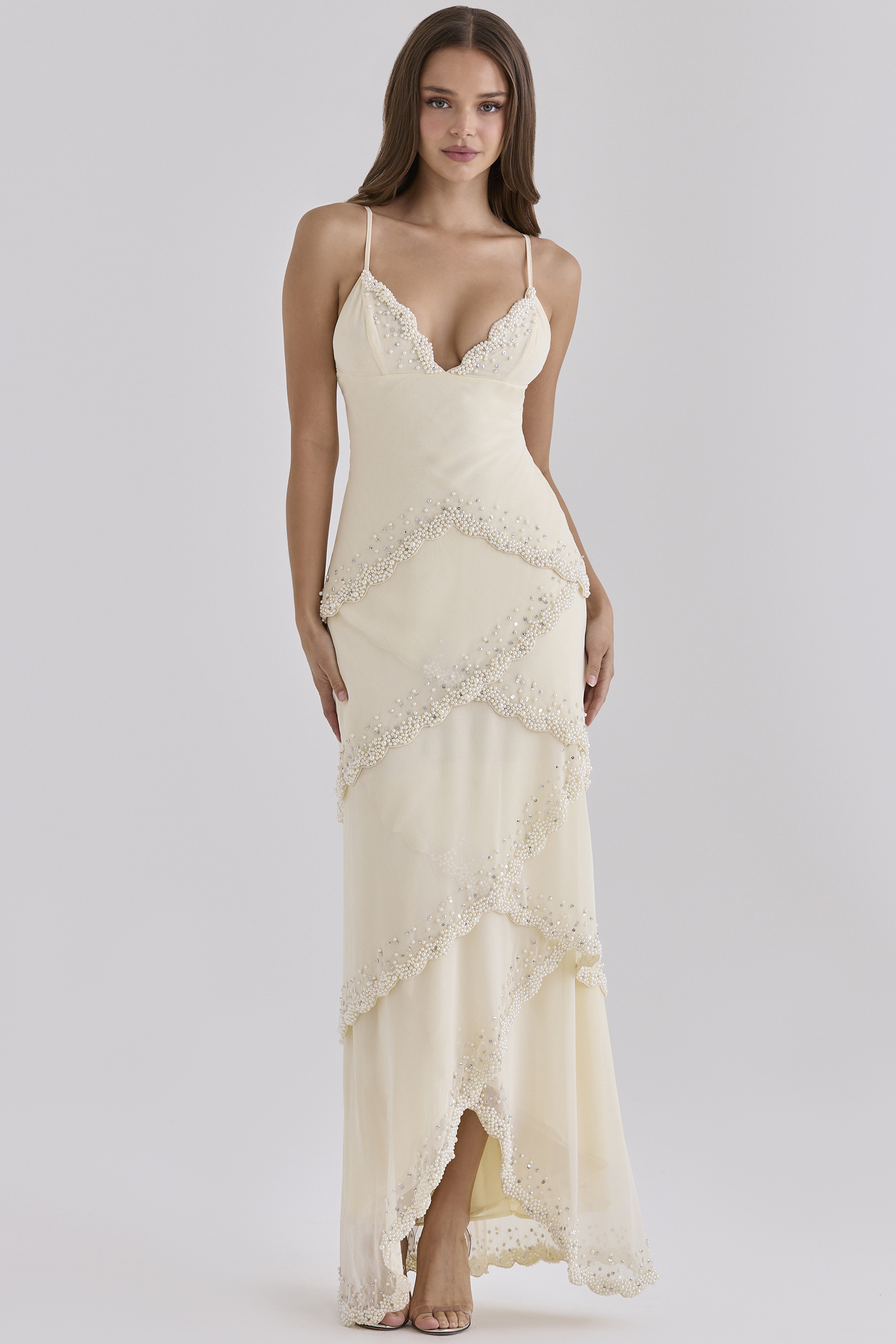 Sorelle Vanilla Georgette Hand Embellished Tiered Maxi Dress