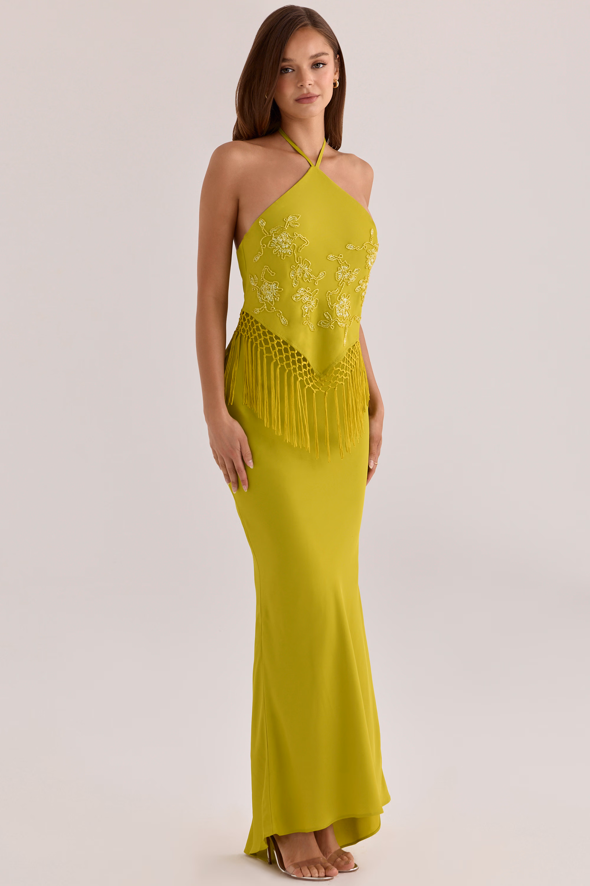 Sareena Chartreuse Satin Custom Embellished Fringed Maxi Dress