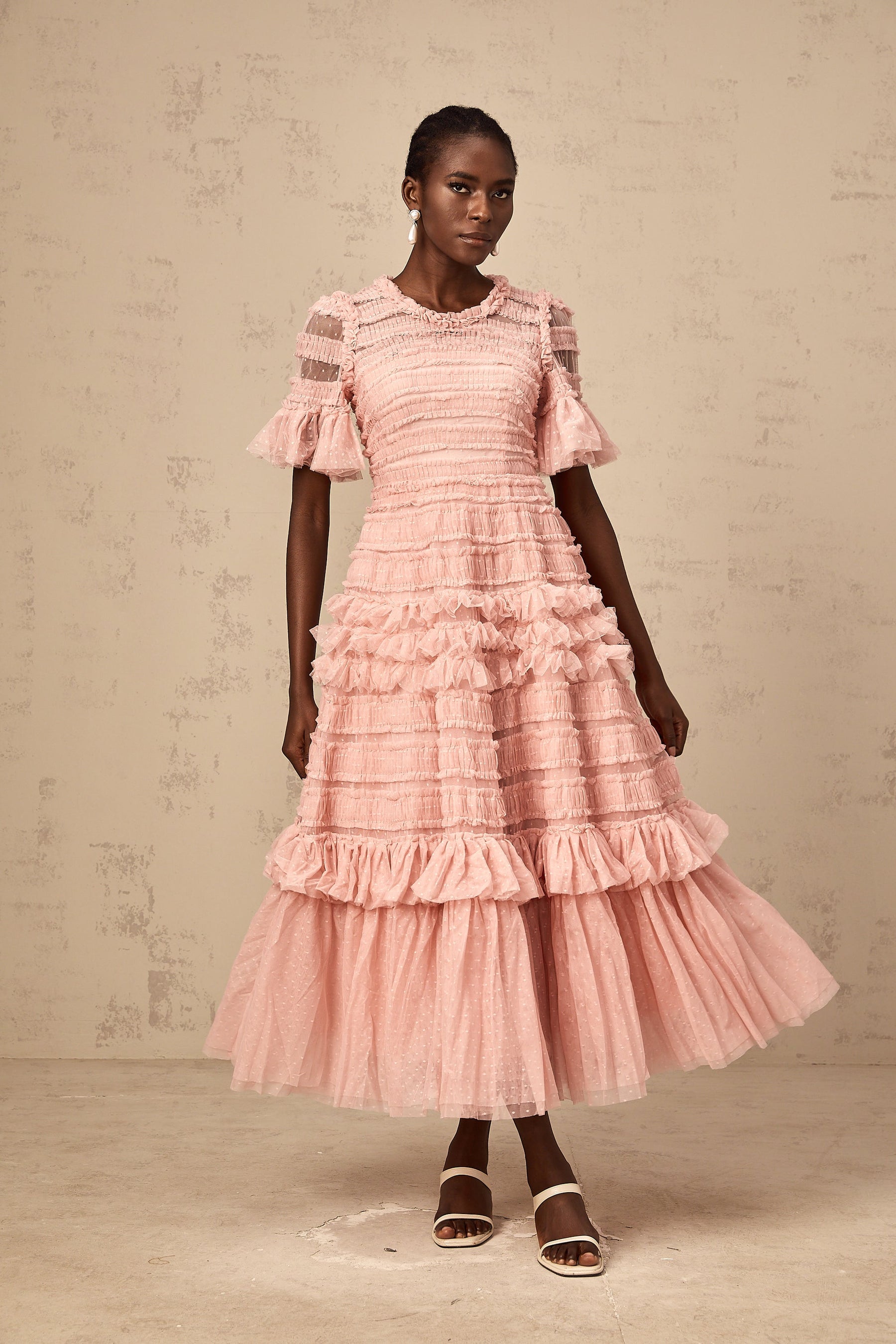 Aimée pink dot-detail ruffled tulle midi dress - S / Pink