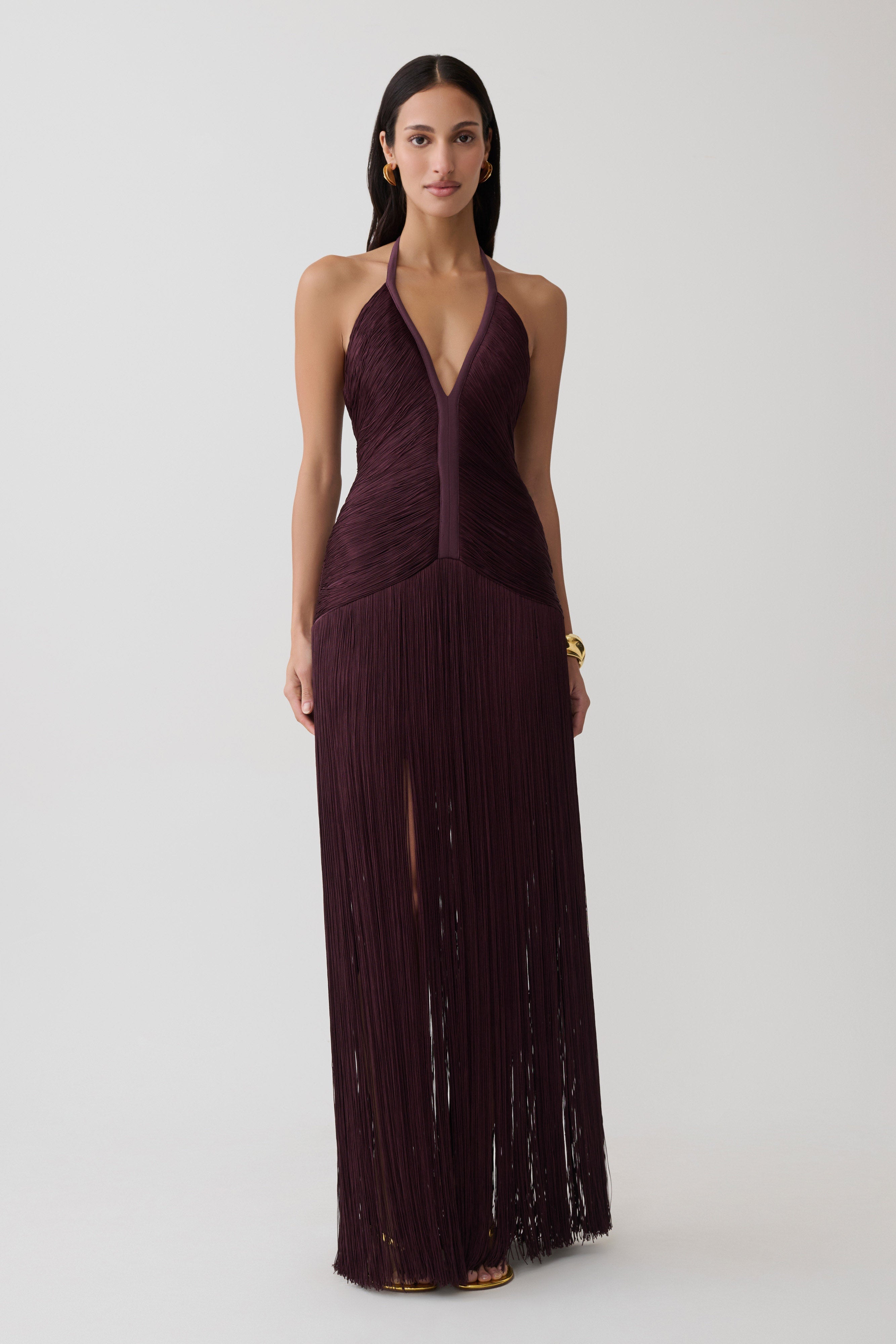 Plum Halter Fringe Maxi Dress
