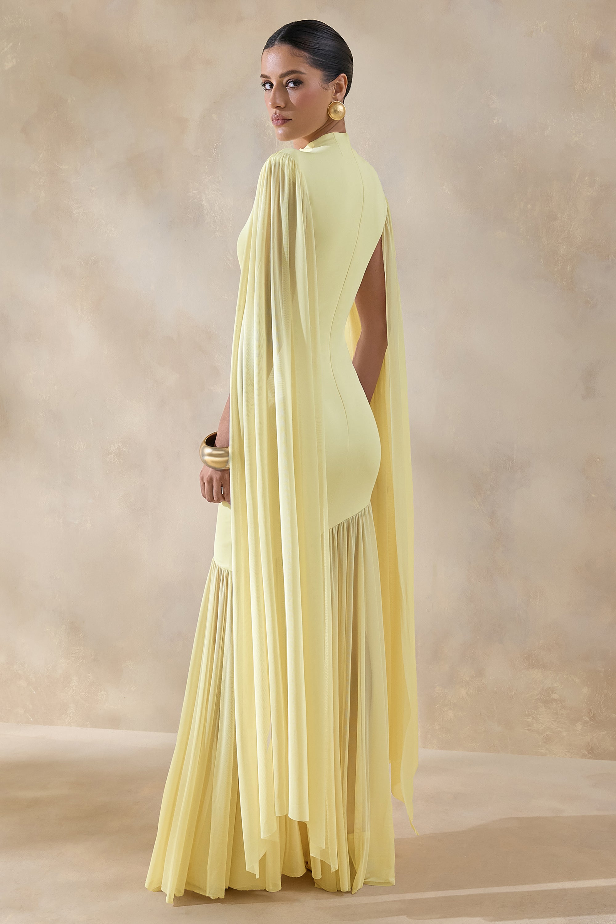 Chantelle |Lemon High-Neck Maxi Dress With Drop-Waist And Cape-Sleeves