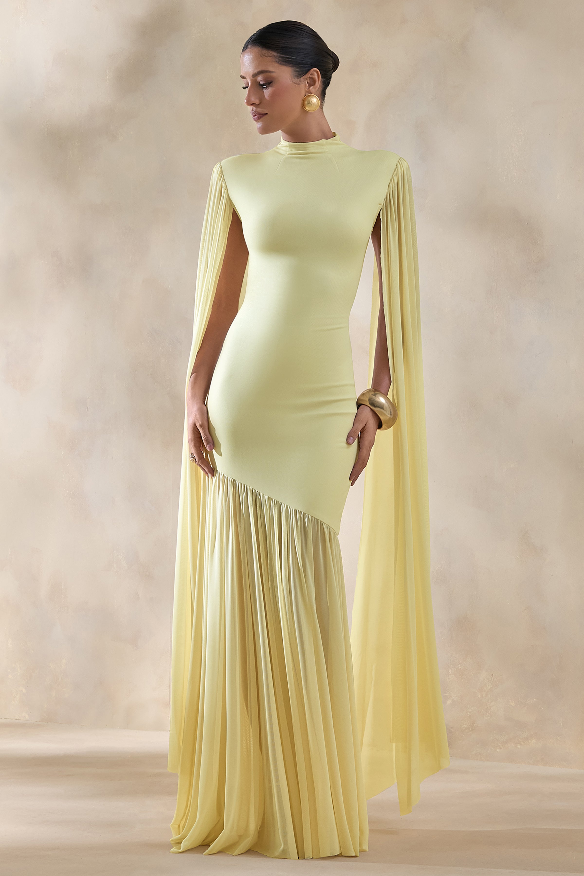 Chantelle |Lemon High-Neck Maxi Dress With Drop-Waist And Cape-Sleeves
