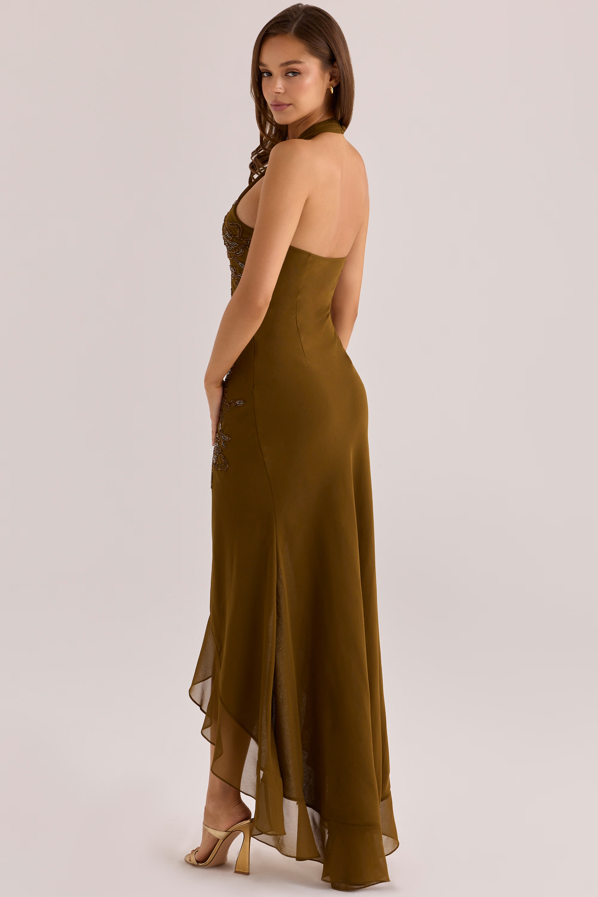 Raquel Bronze Georgette Hand Embellished Beaded Halter Maxi Dress