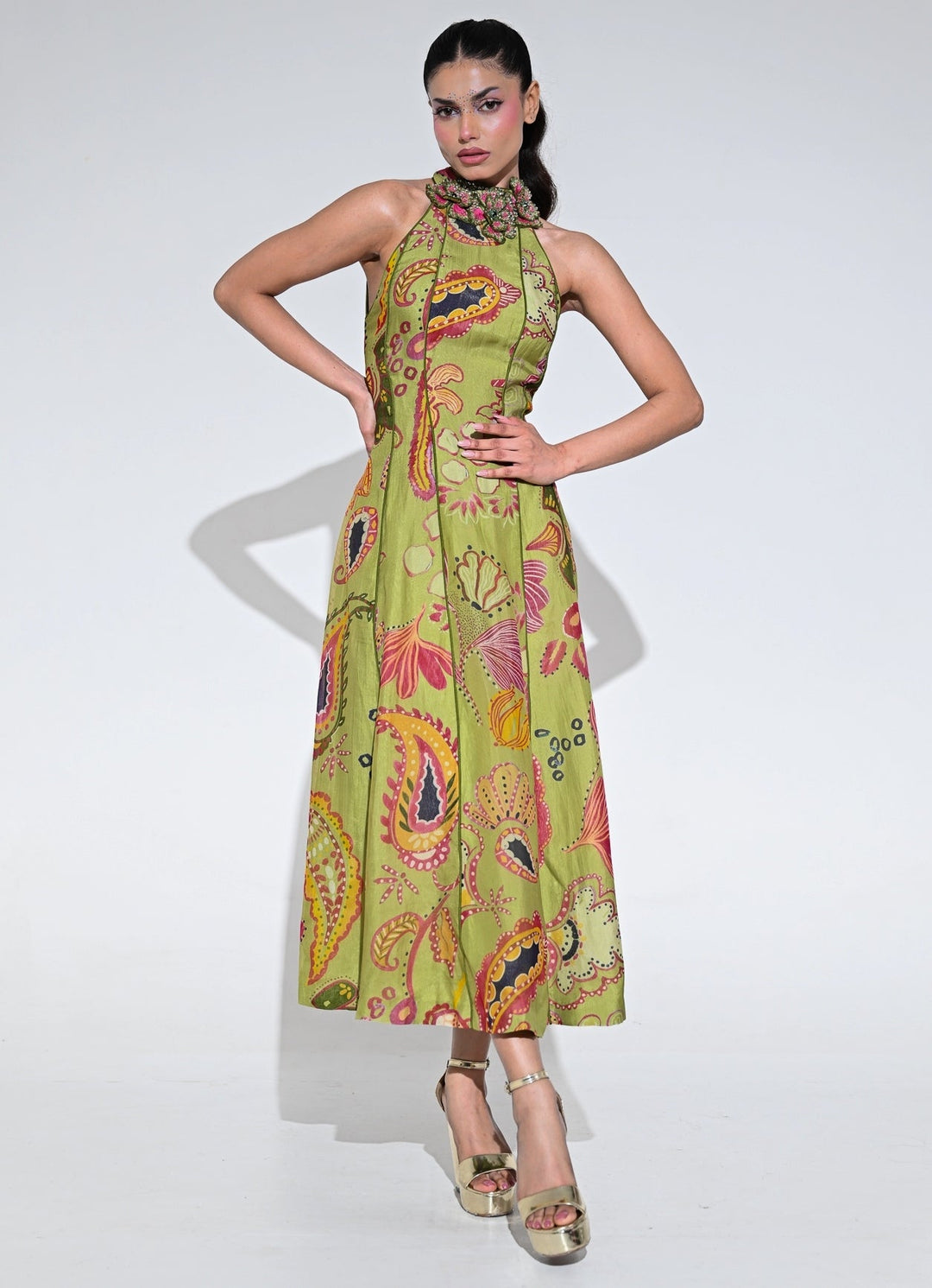 Olive Green Organza Halter Midi Dress
