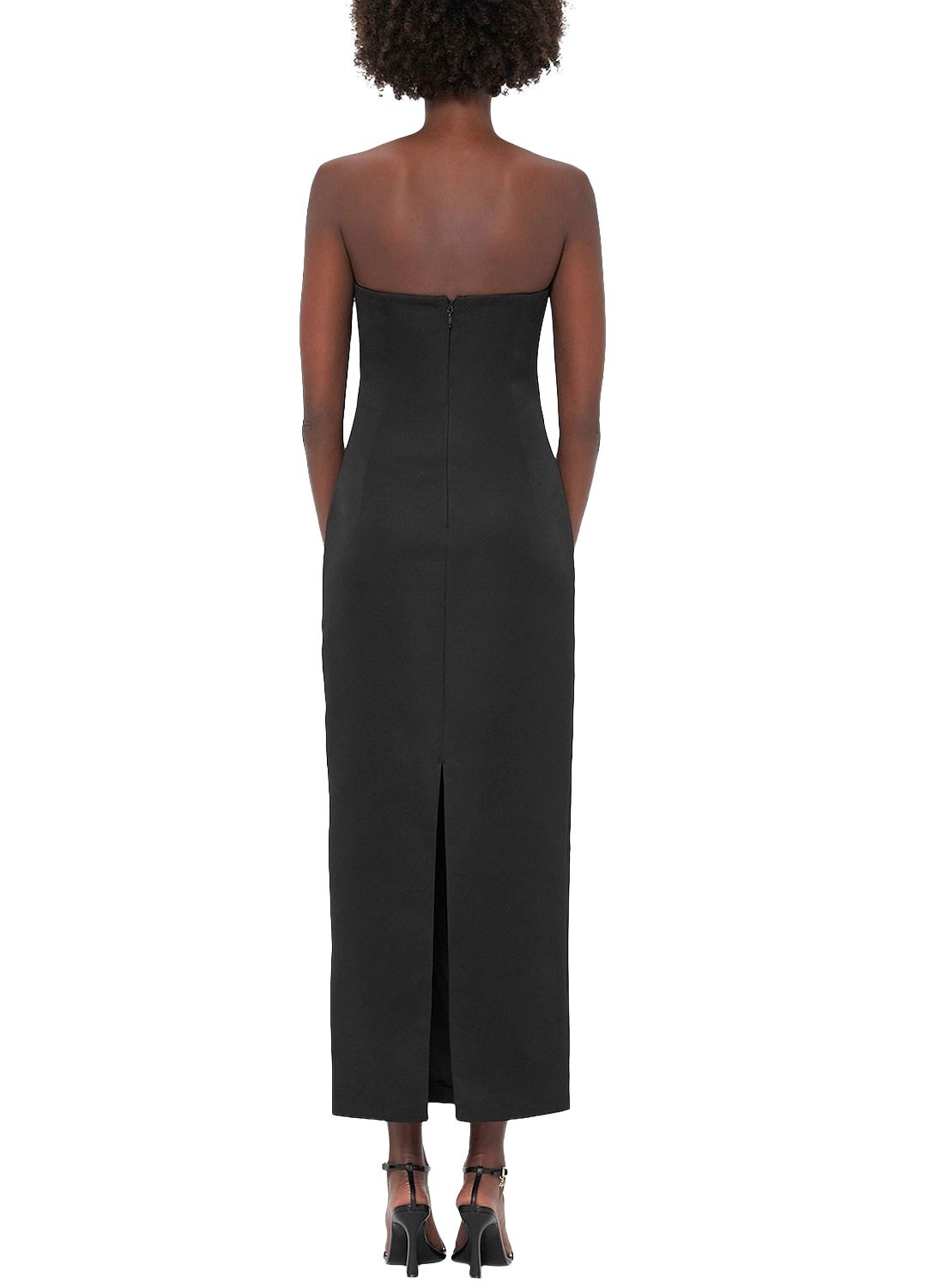 Black Strapless Midi Dress with 3D Purple Yellow Floral Appliqué