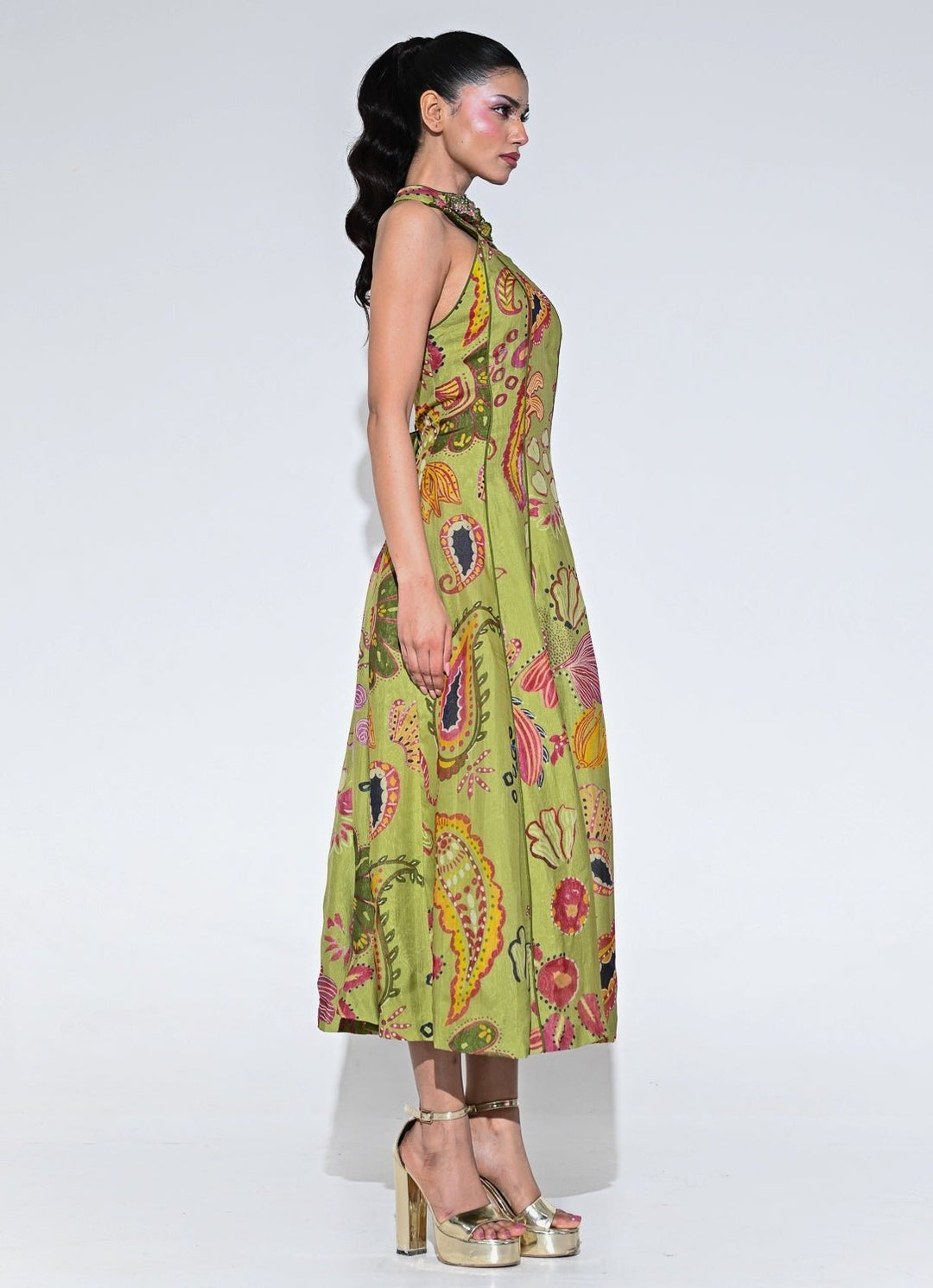 Olive Green Organza Halter Midi Dress
