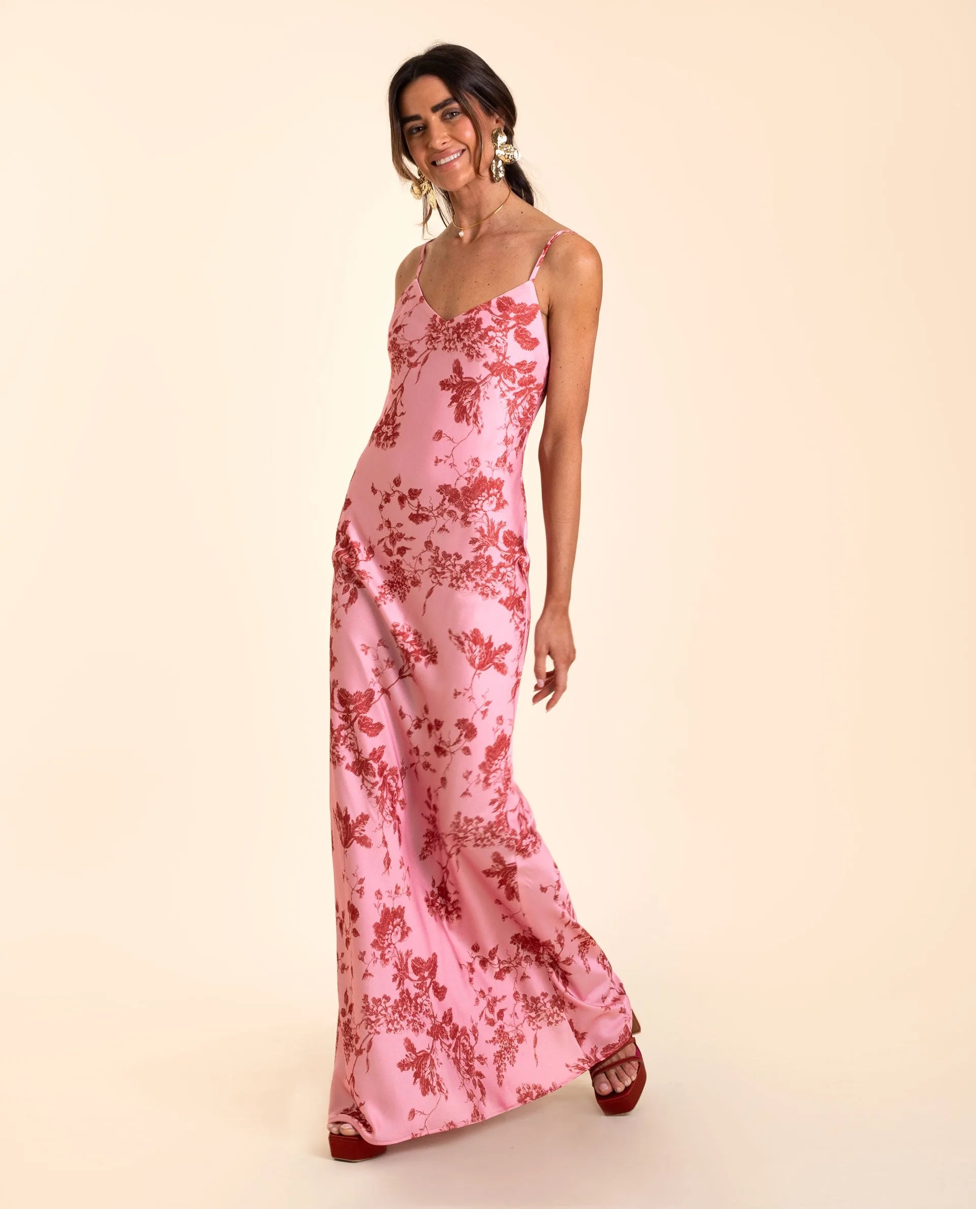 Spaghetti Strap Floral Satin Maxi Dress