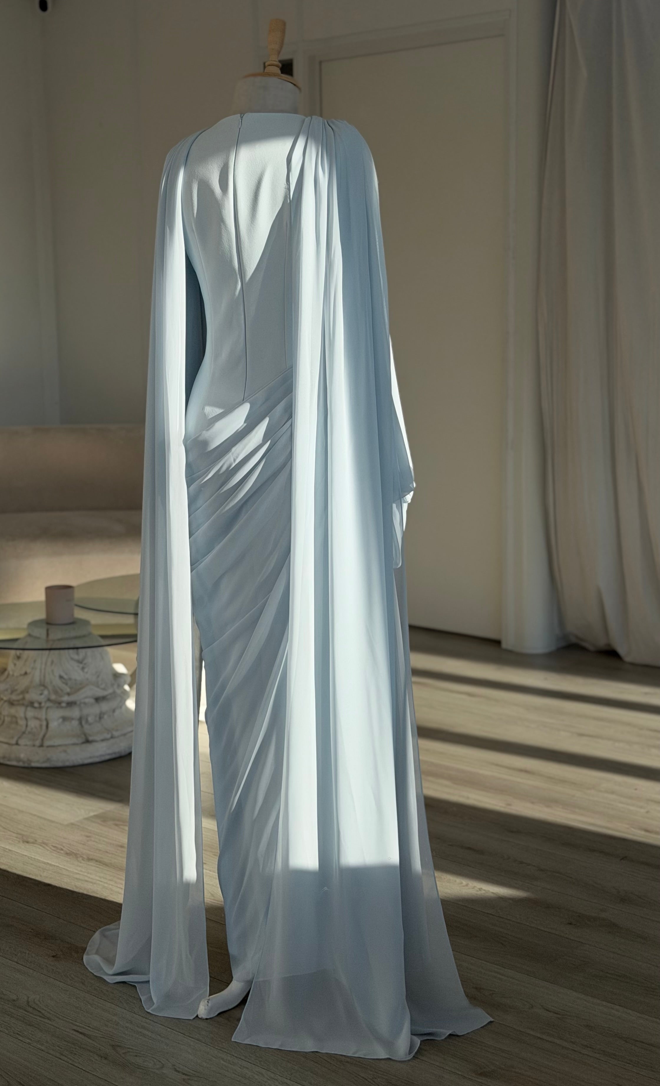 Draped Light Blue Cape Evening Dress