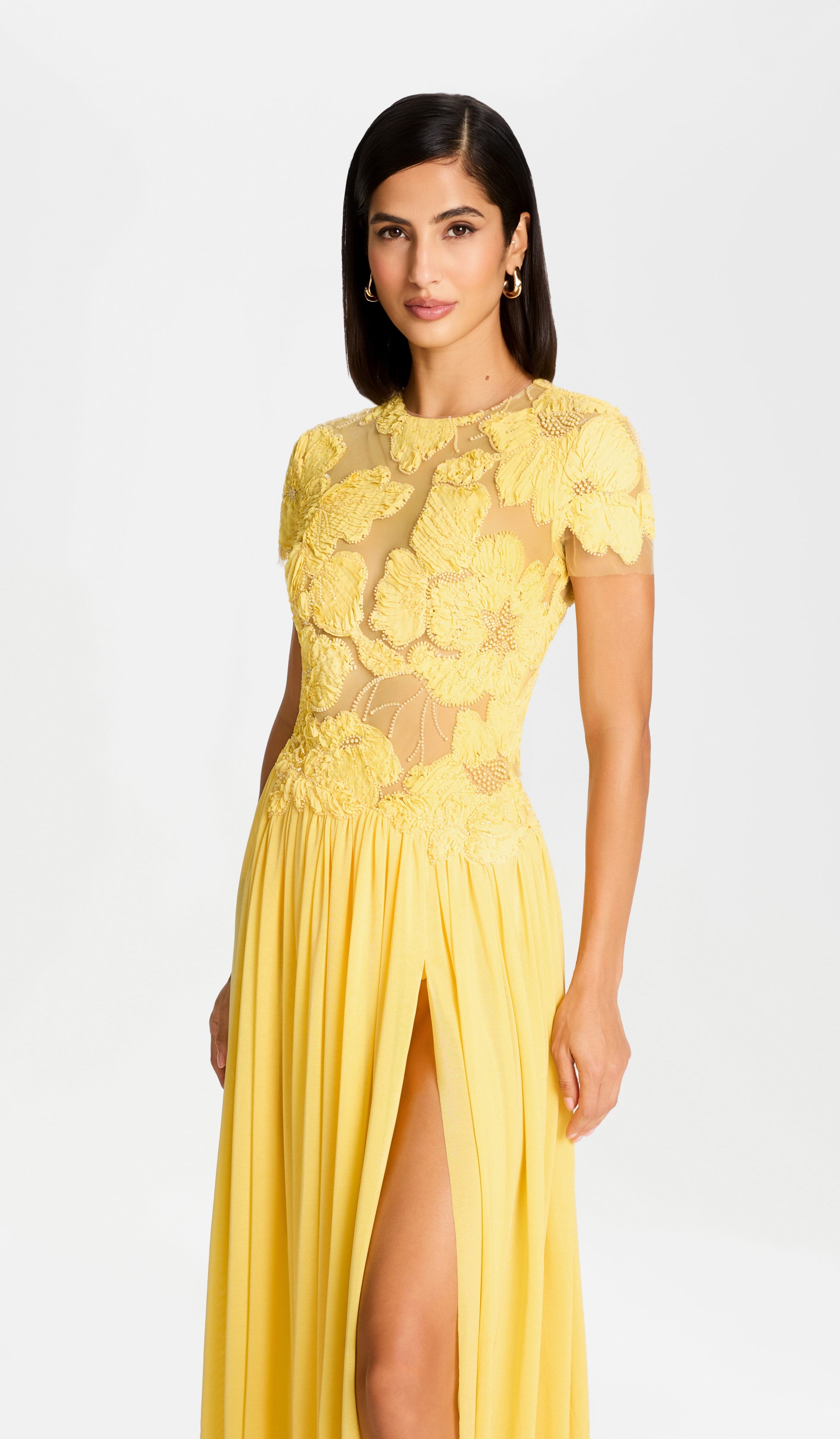 Sheer Neck Floral Applique High Slit Gown